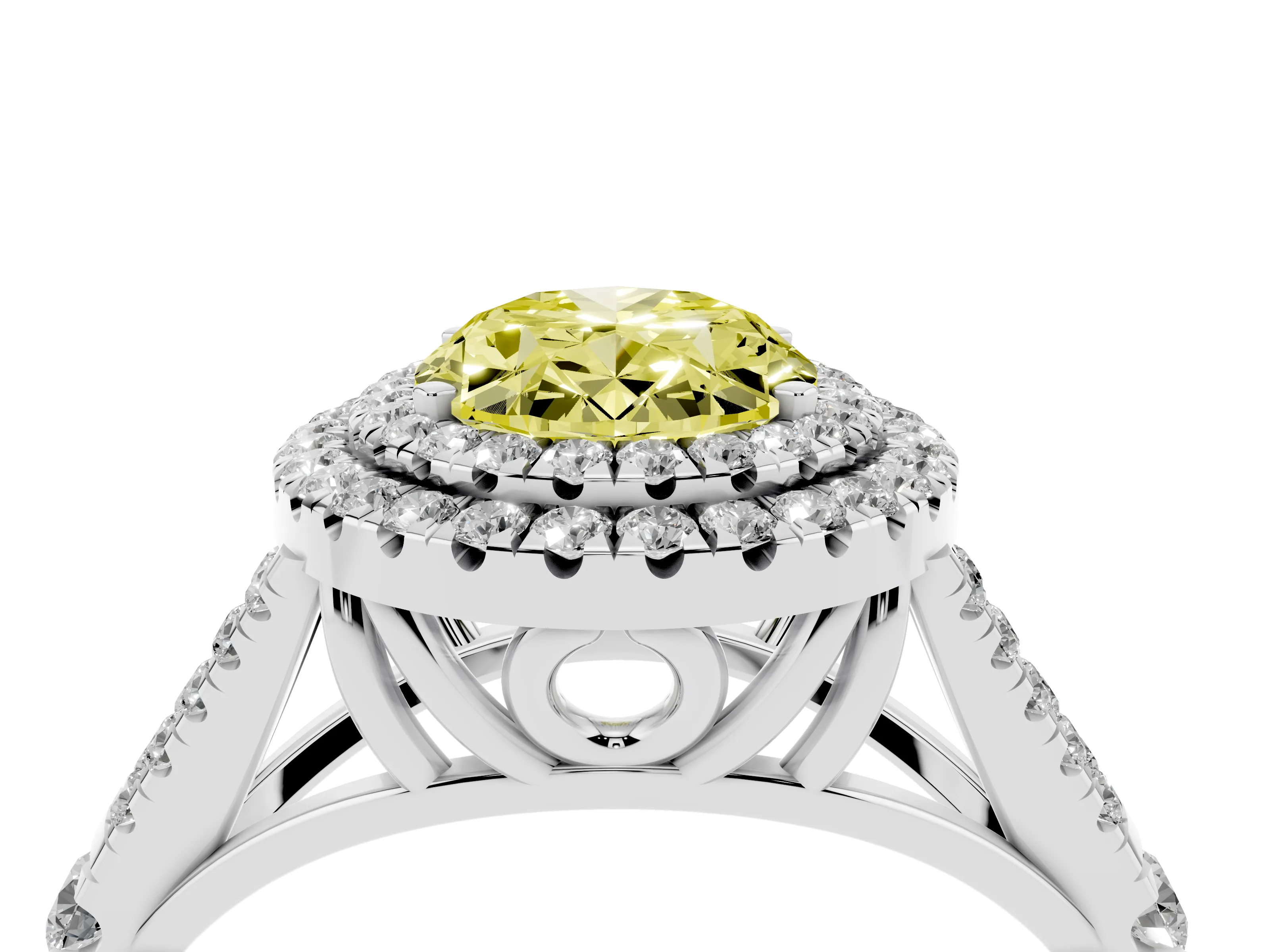 Fancy Yellow Oval Cut Diamond Pavé Split Shank Double Halo Engagement Ring Set in Silver