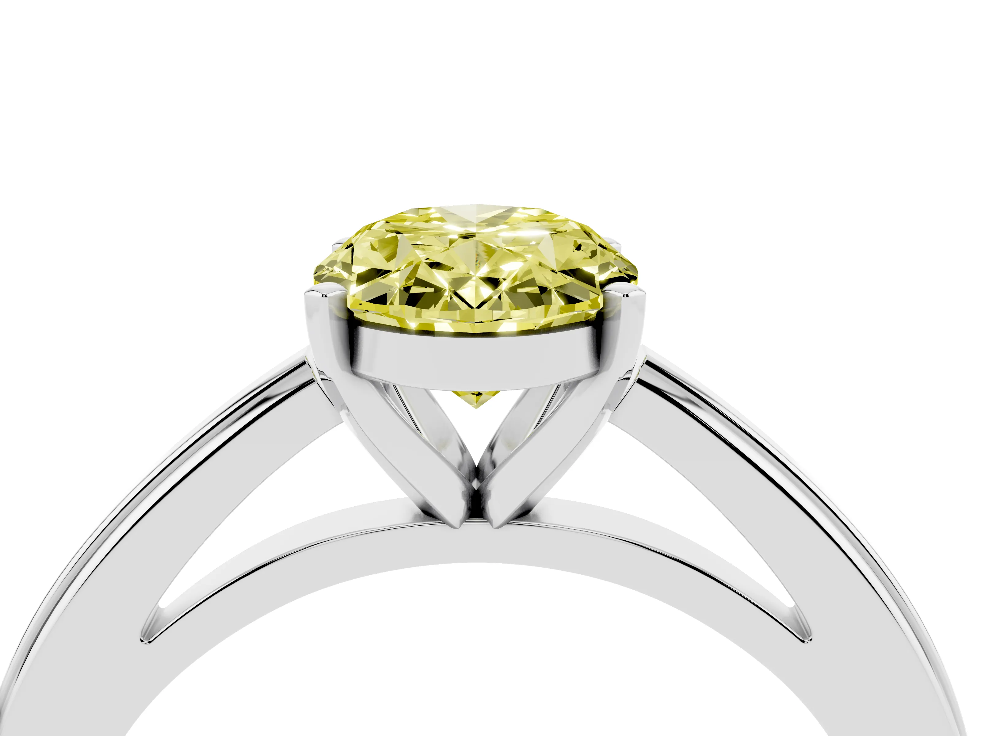Fancy Yellow Oval Cut Diamond Solitaire Ring Set in Platinum with Prong Setting and Classic Band