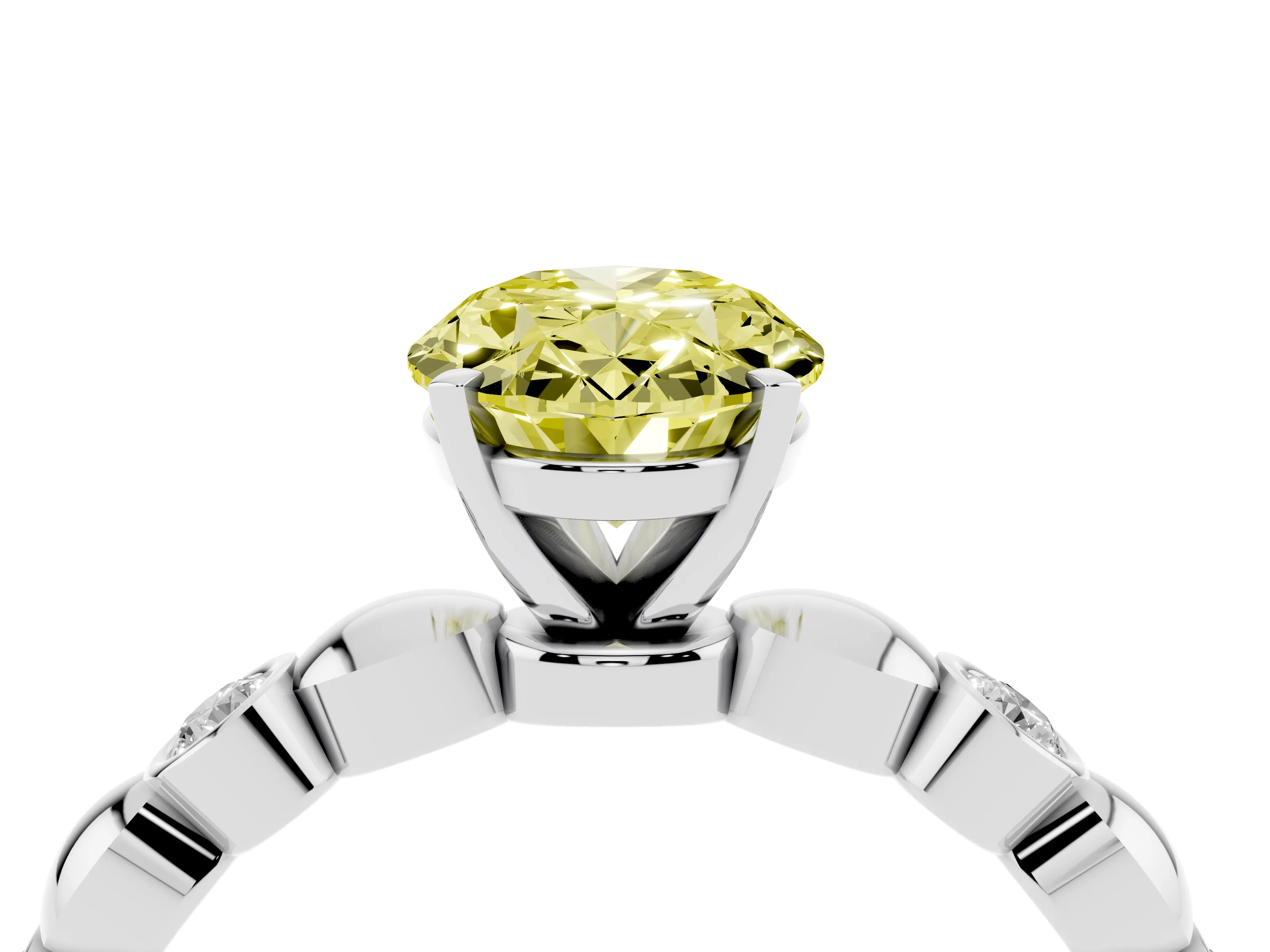 Fancy Yellow Oval Cut Diamond Solitaire Ring Set in Silver with Bezel-Set Accents on Beaded Band and Prong Setting