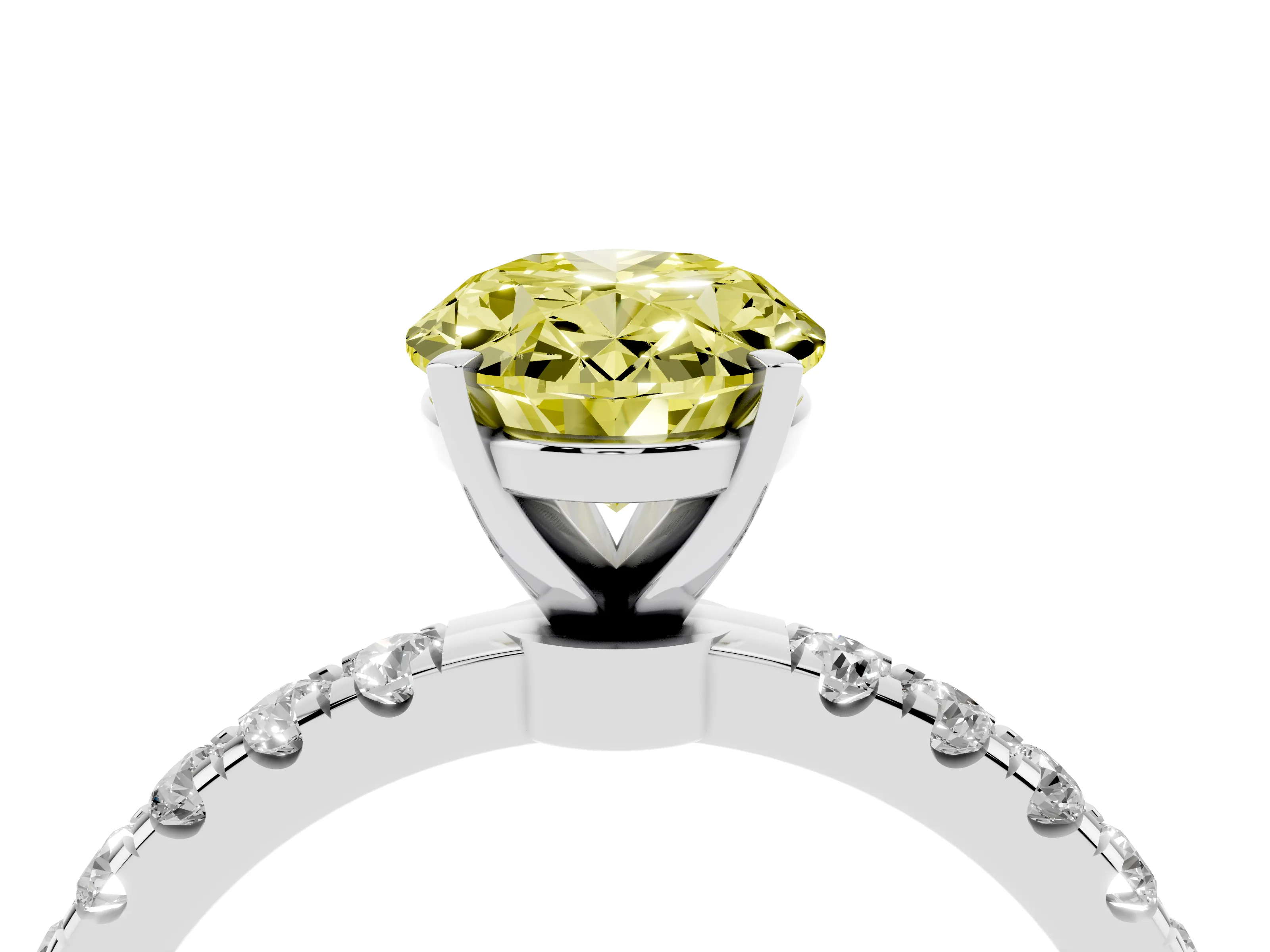 Fancy Yellow Oval Cut Diamond Solitaire Ring Set in Platinum with Pavé Accents and Prong Setting
