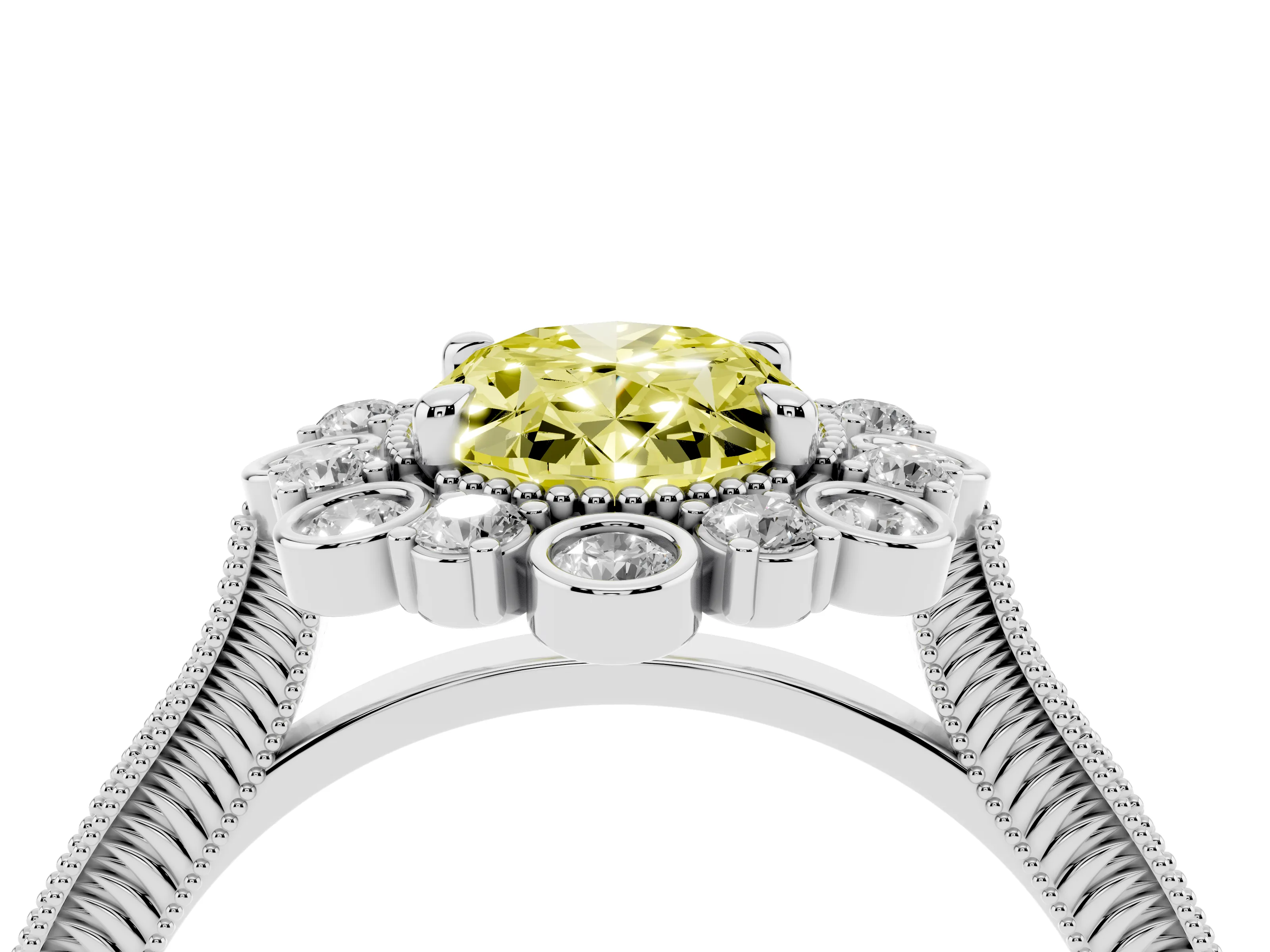 Fancy Yellow Oval Cut Diamond Halo Milgrain Pavé Ring Set in Platinum with Prong Setting