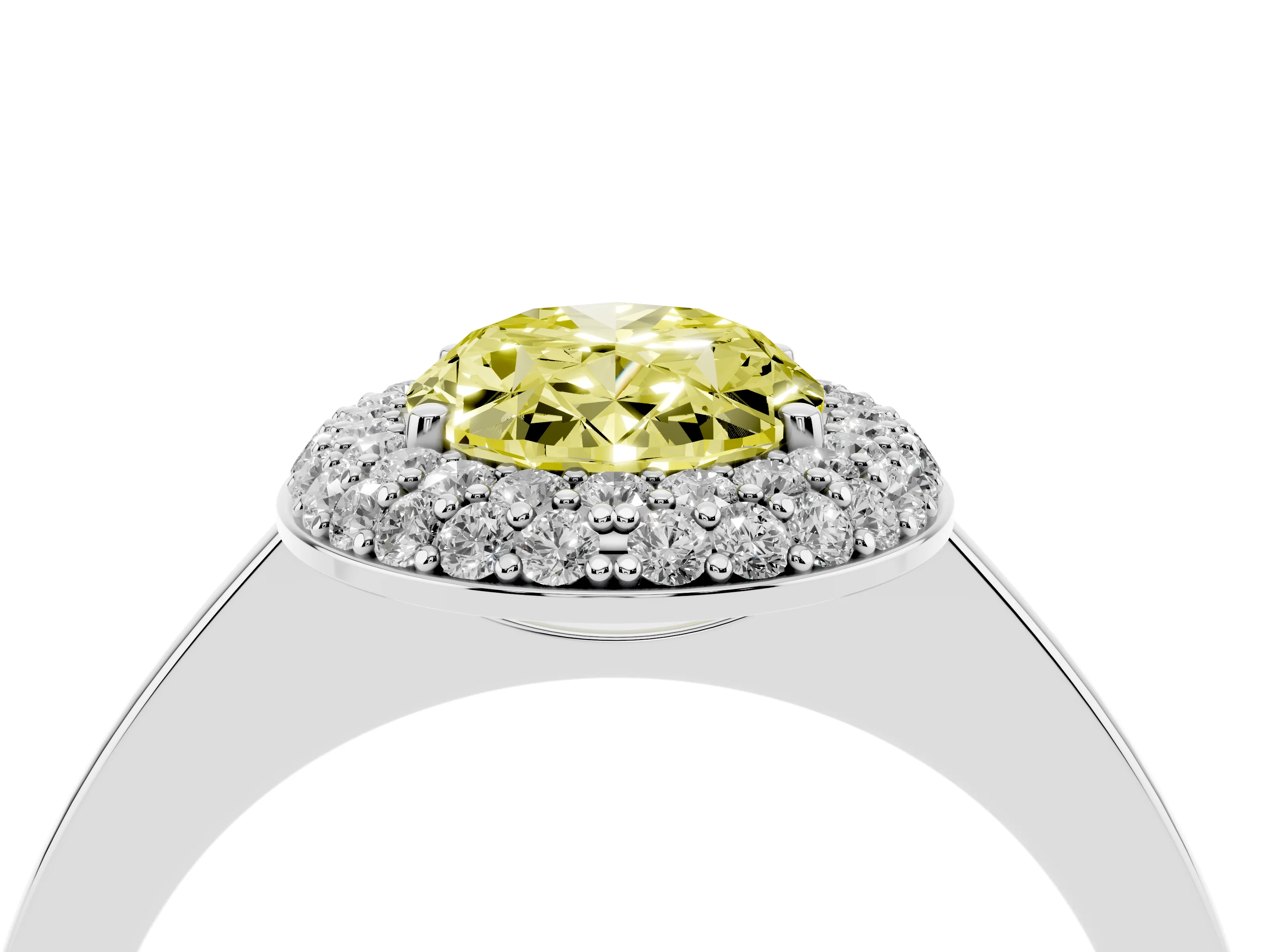Fancy Yellow Oval Cut Diamond Halo Engagement Ring Set in White gold with Solitaire Band and Prong Setting