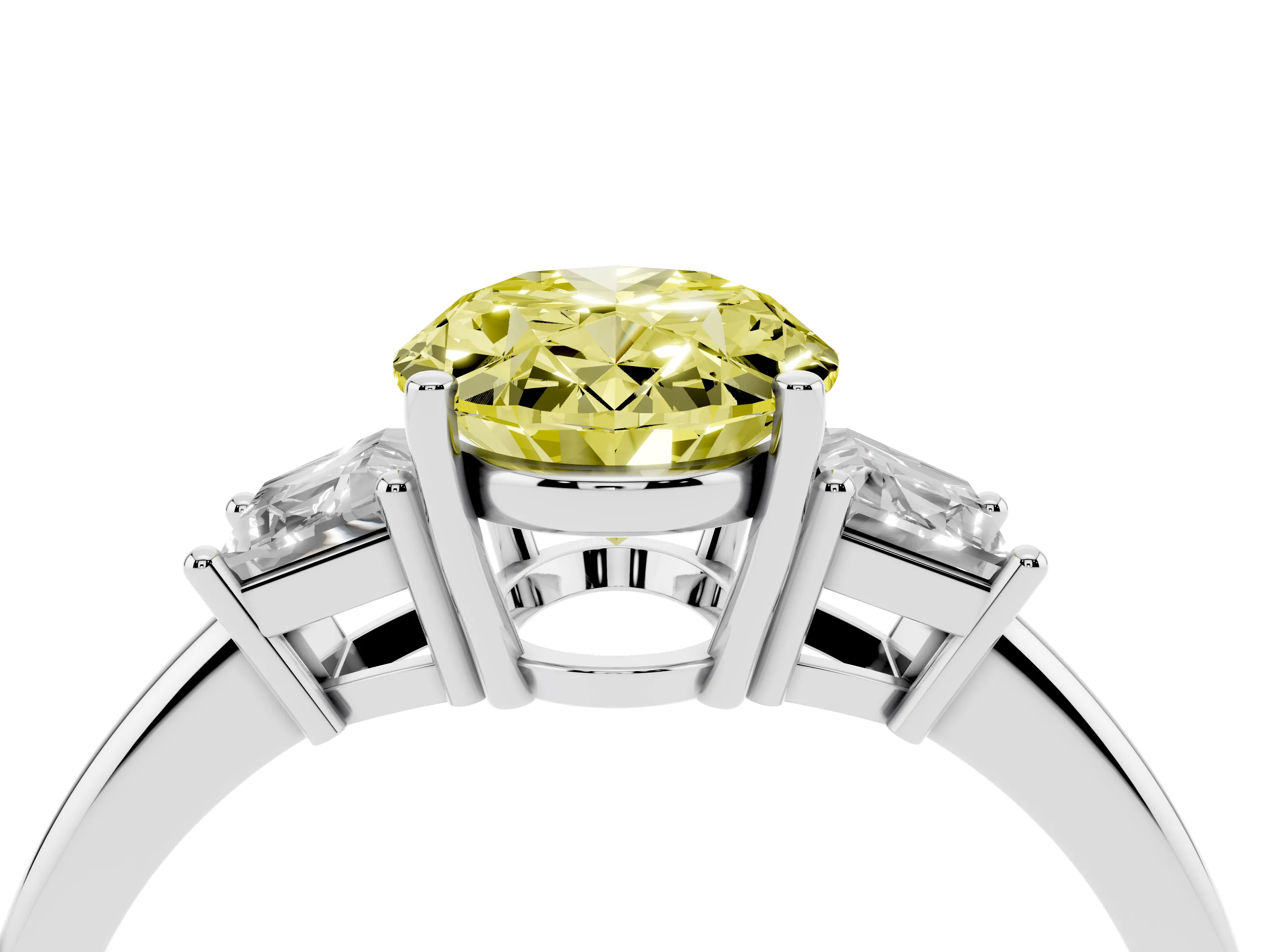 Fancy Yellow Oval Cut Diamond Three-Stone Ring Set in White gold with Trapezoid Side Stones and Prong Setting