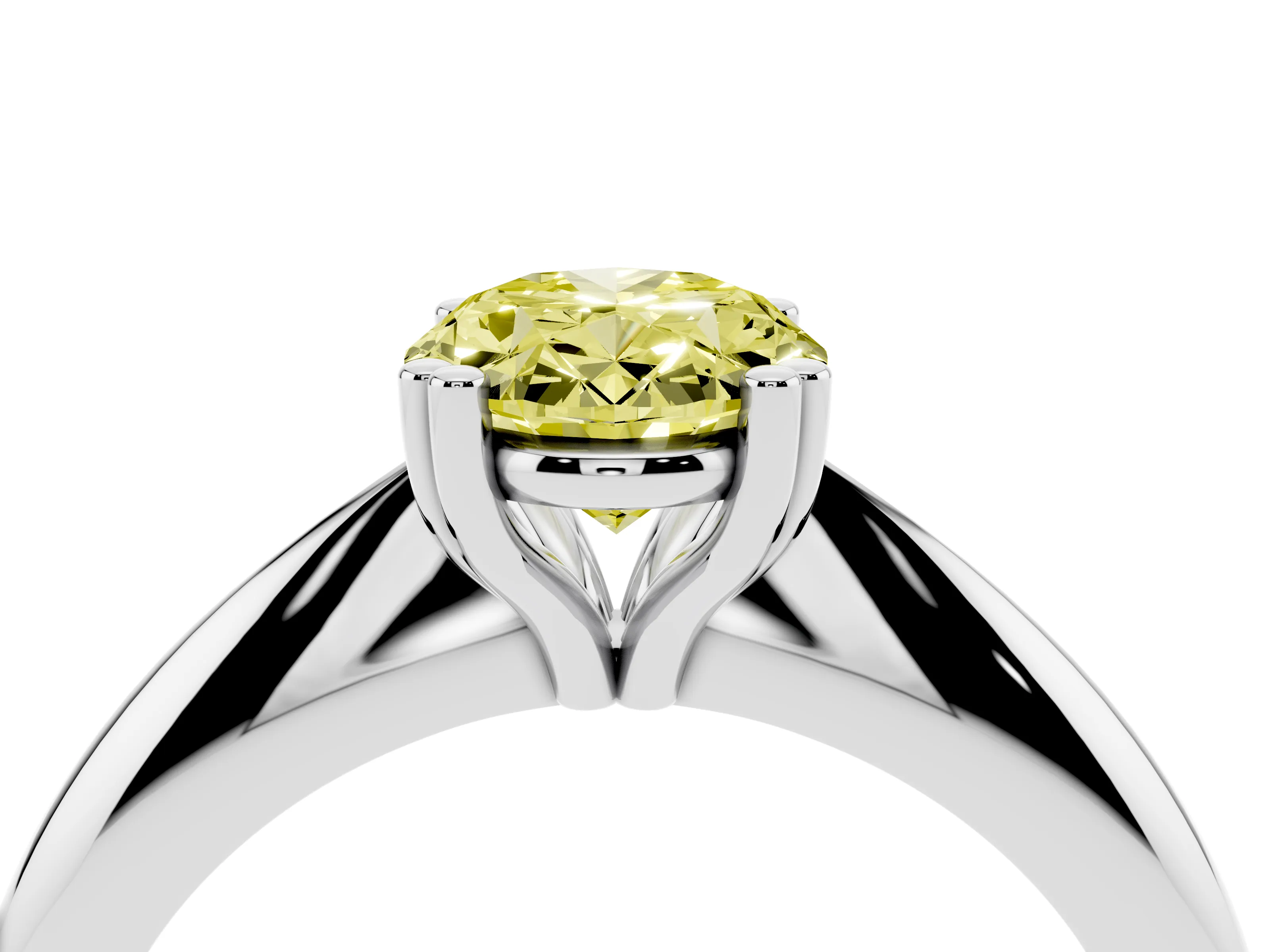 Fancy Yellow Oval Cut Diamond Solitaire Engagement Ring Set in White gold with Tapered Band and Prong Setting