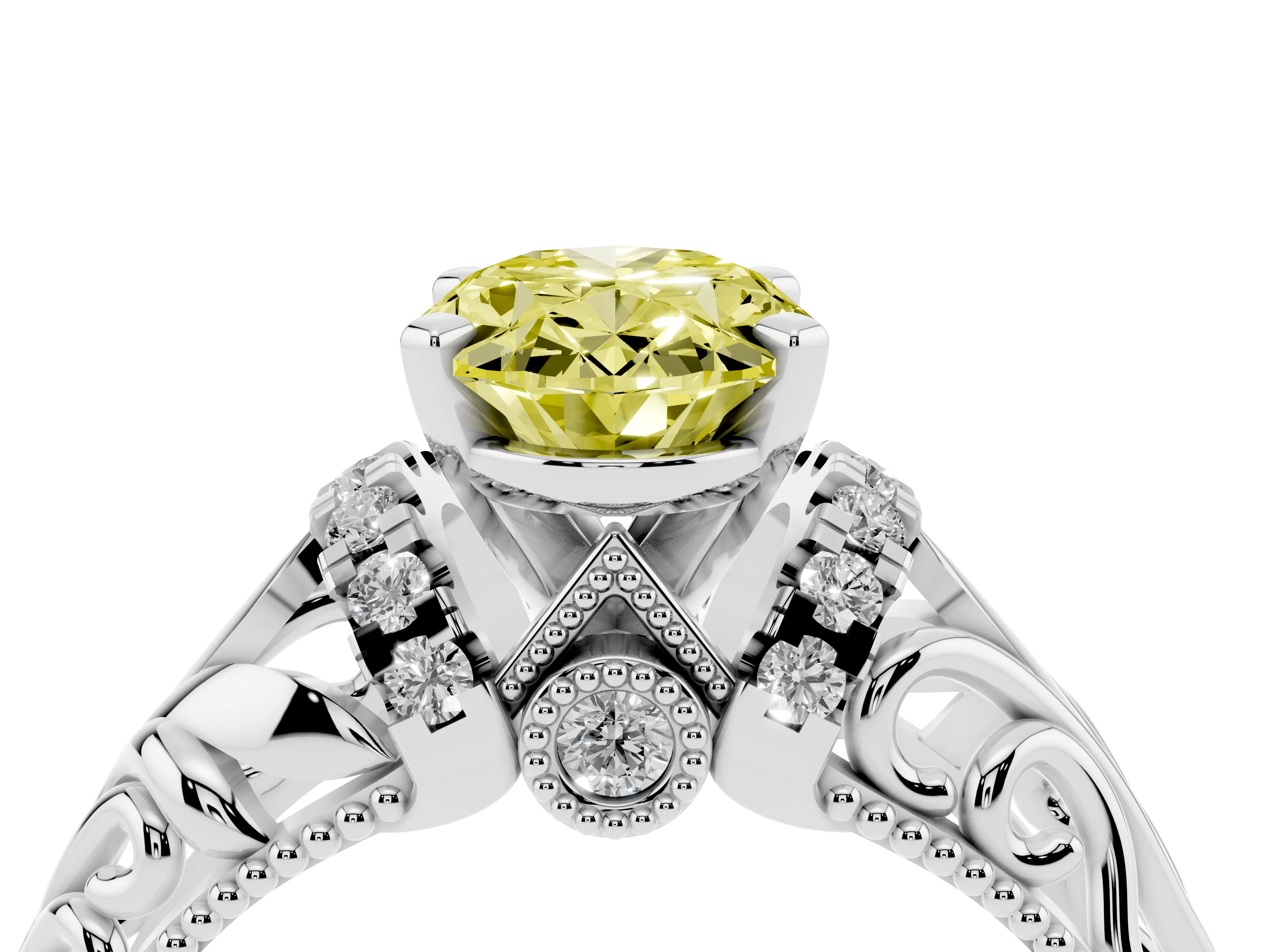 Fancy Yellow Oval Cut Diamond Filigree Halo Engagement Ring Set in Platinum with Prong Setting