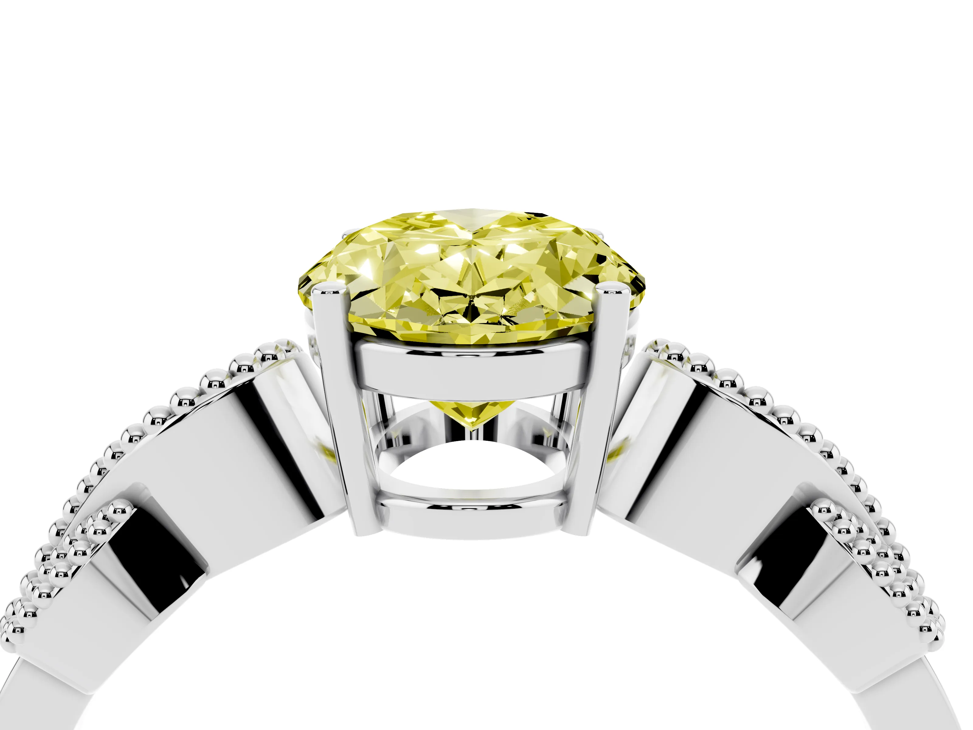 Fancy Yellow Oval Cut Diamond Milgrain Leaf Band Solitaire Ring Set in White gold with Accent Stones and Prong Setting