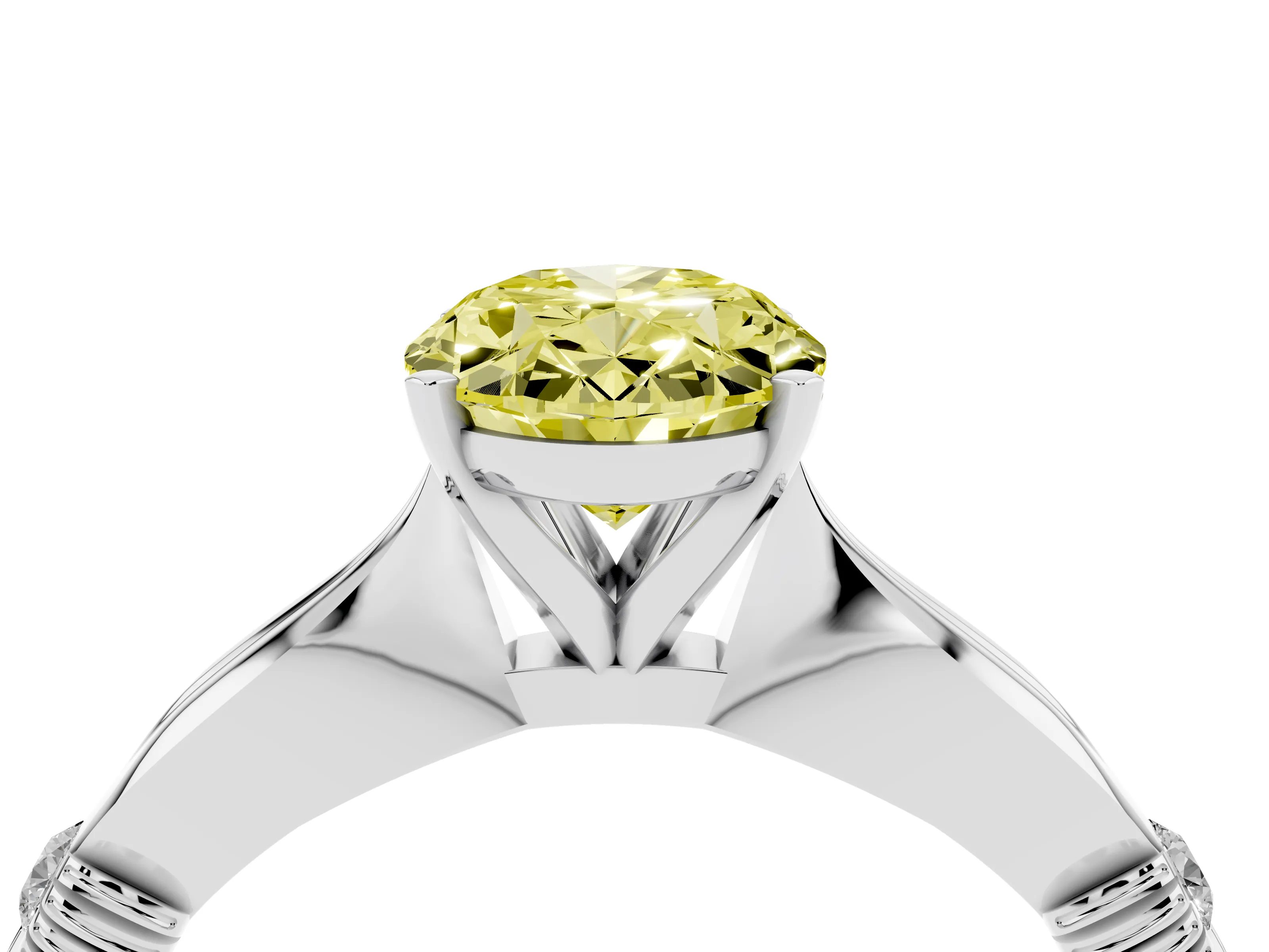 Fancy Yellow Oval Cut Diamond Solitaire Twisted Band Ring Set in White gold with Accent Stones and Prong Setting