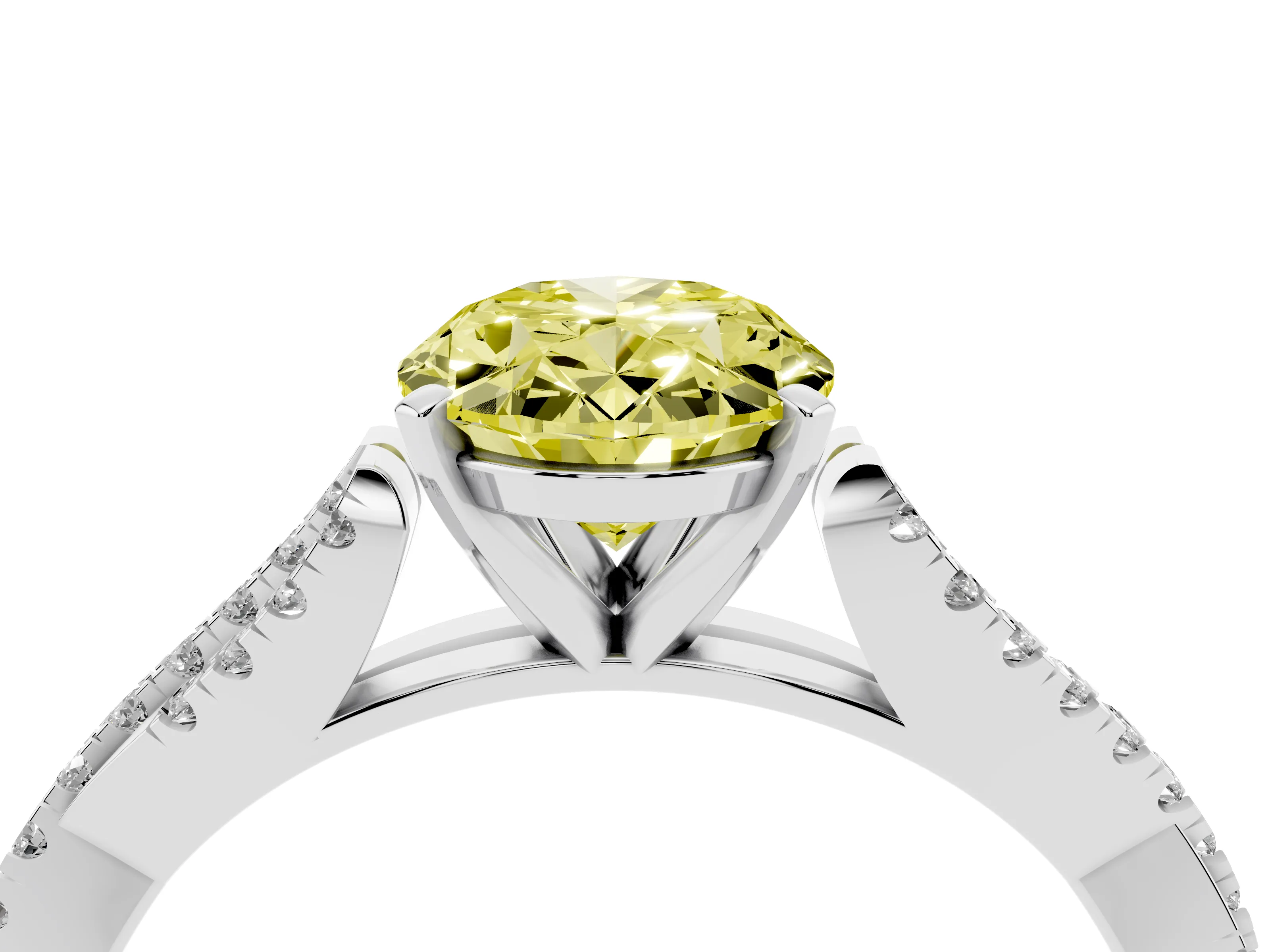 Fancy Yellow Oval Cut Diamond Solitaire Engagement Ring Set in White gold with Twisted Pavé Band and Prong Setting