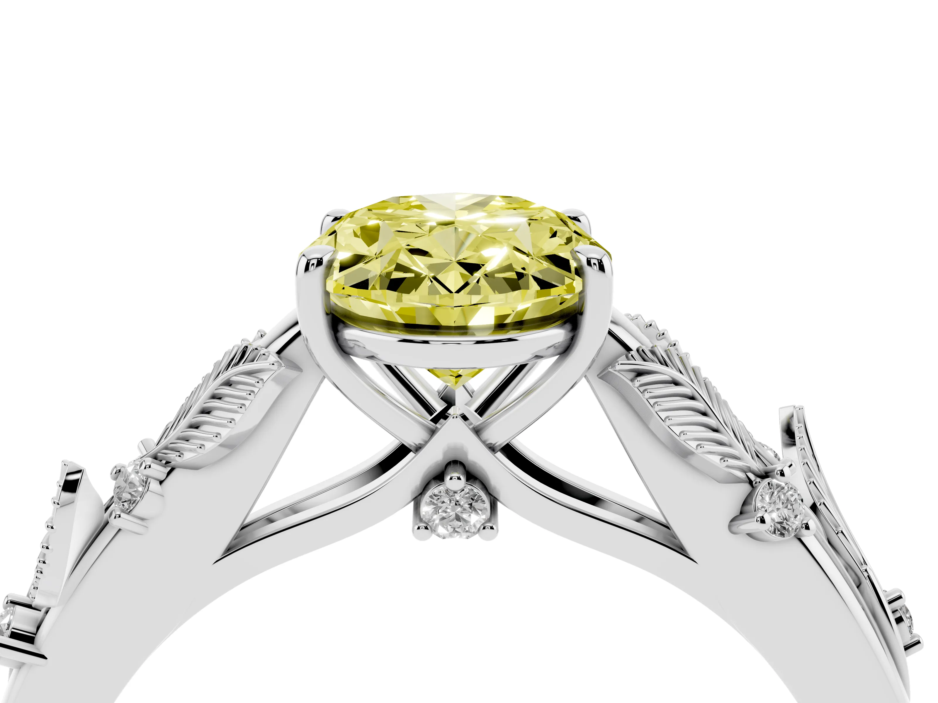 Fancy Yellow Oval Cut Diamond Solitaire Ring Set in Silver with Leaf Motif Band