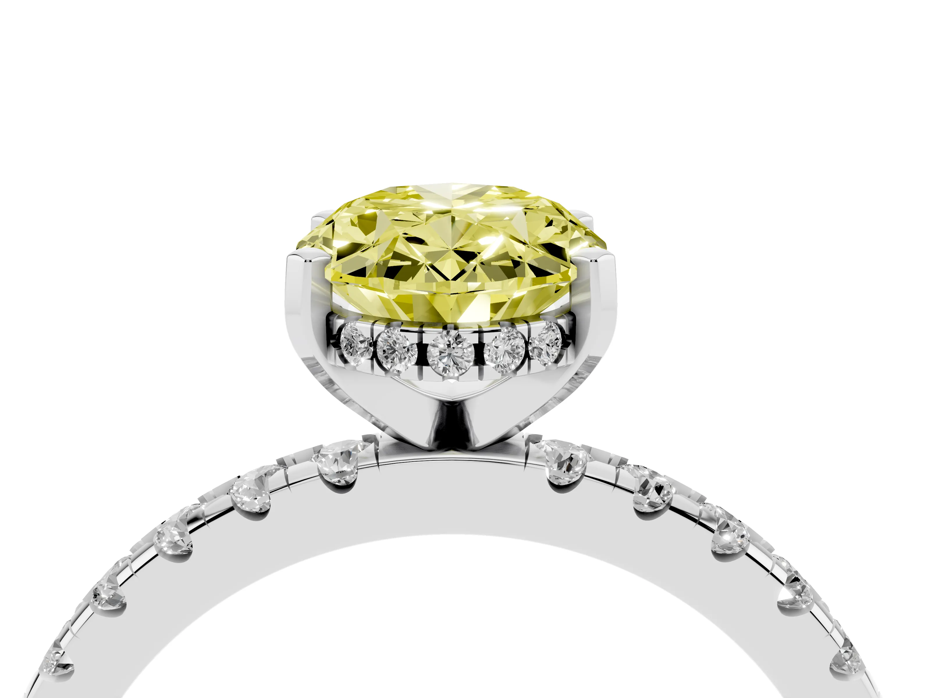 Fancy Yellow Oval Cut Diamond Pavé Solitaire Ring Set in Silver with Round Band Accents and Prong Setting