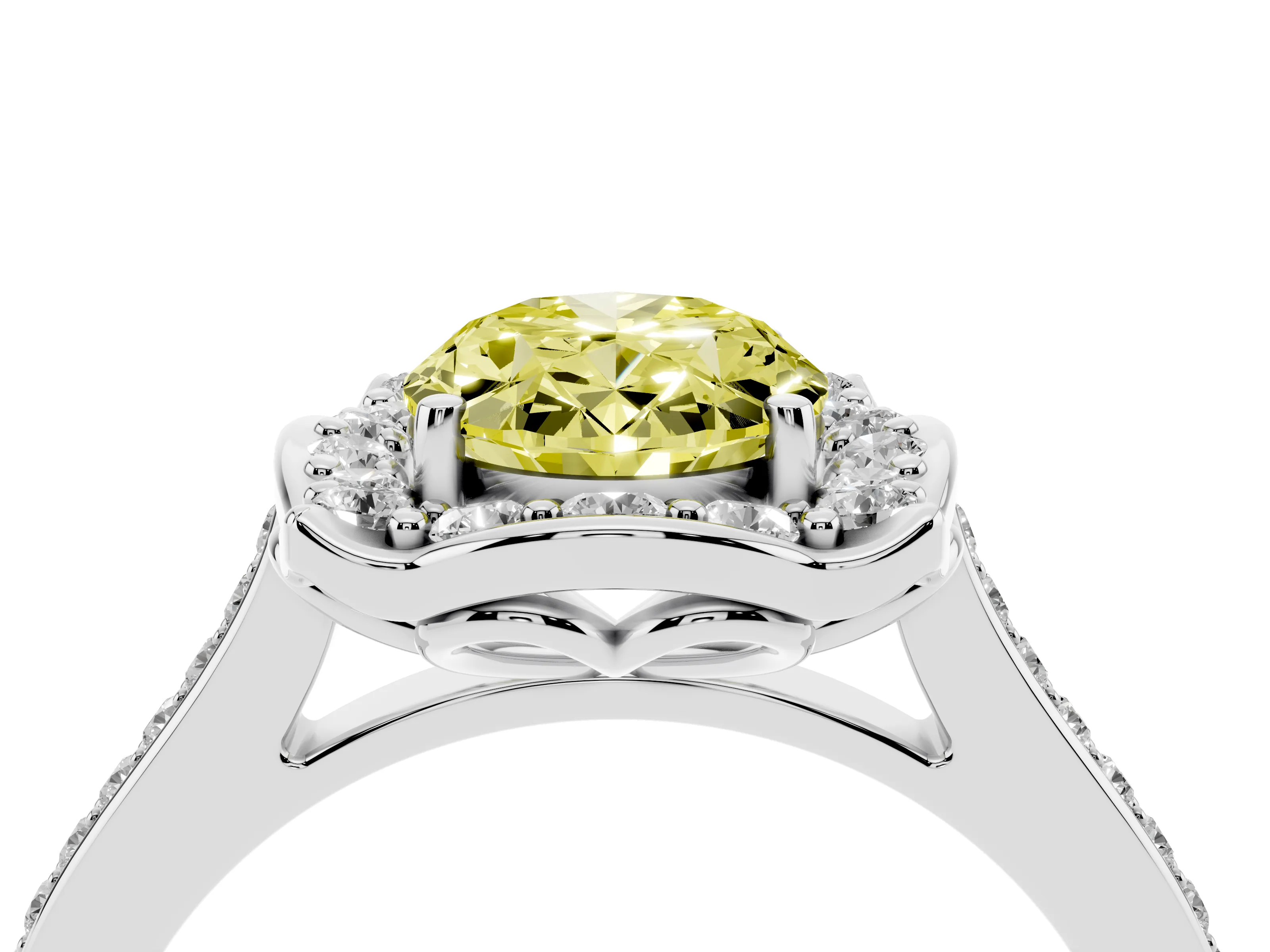 Fancy Yellow Oval Cut Diamond Halo Ring Set in Platinum with Pavé-Lined Shoulders and Prong Setting