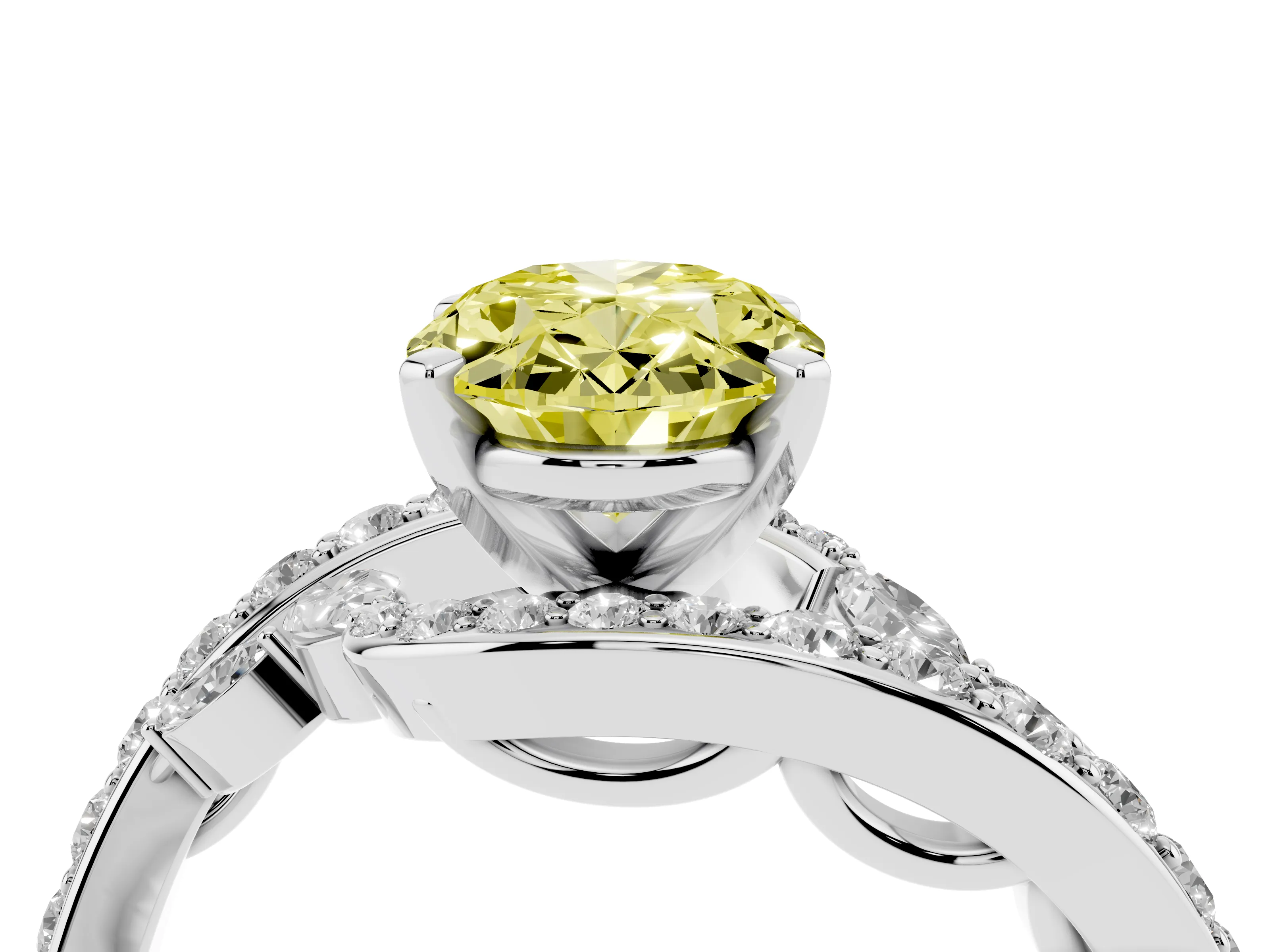 Fancy Yellow Oval Cut Diamond Solitaire Ring Set in Platinum with Pavé Twist Band and Secure Prong Setting