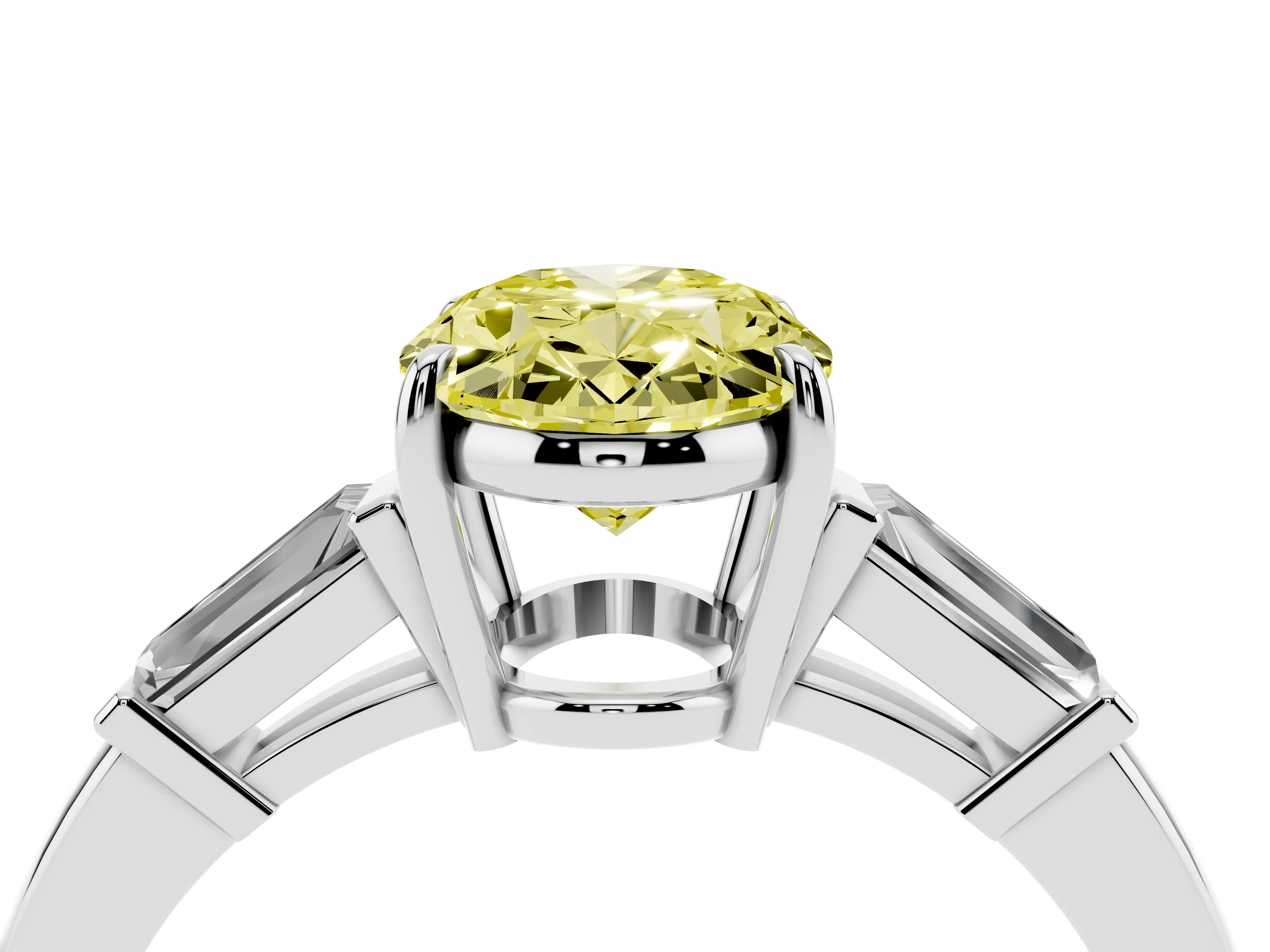 Fancy Yellow Oval Cut Diamond Three-Stone Ring Set in Silver with Tapered Baguette Side Stones and Prong Setting
