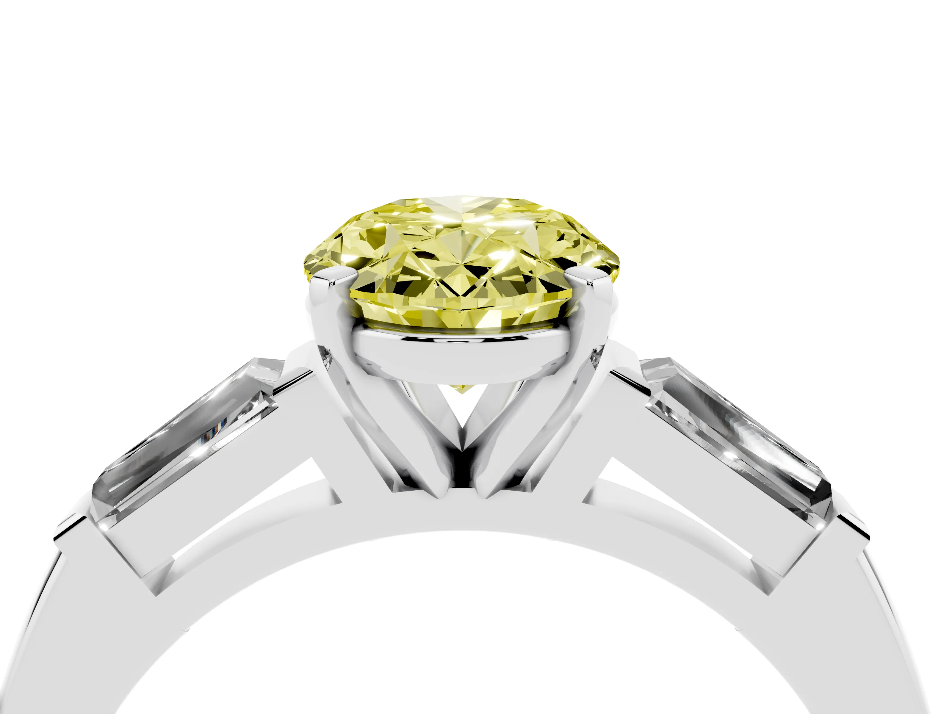 Fancy Yellow Oval Cut Diamond Solitaire Ring Set in White gold with Tapered Baguette Side Stones and Prong Setting