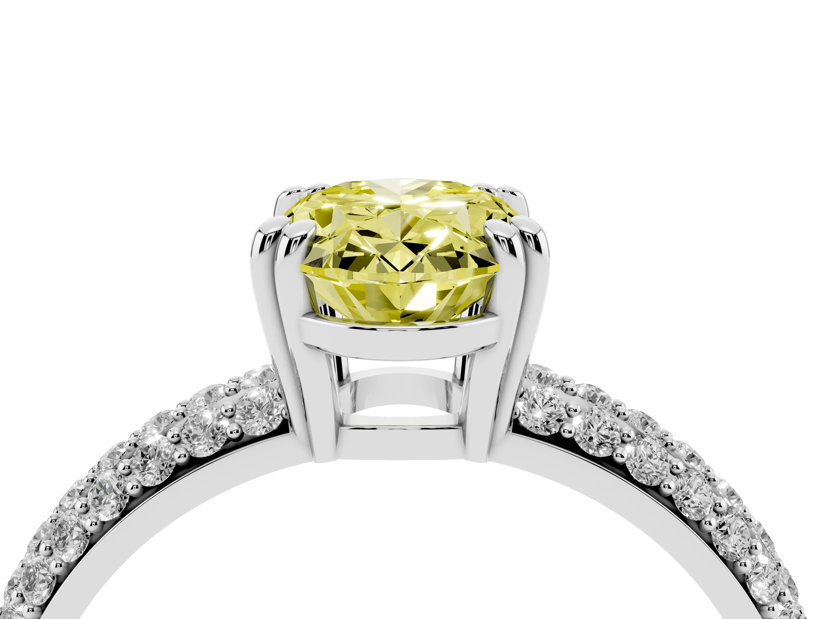Fancy Yellow Oval Cut Diamond Solitaire Ring Set in Platinum with Multi-Row Round Pavé Band and Prong Setting