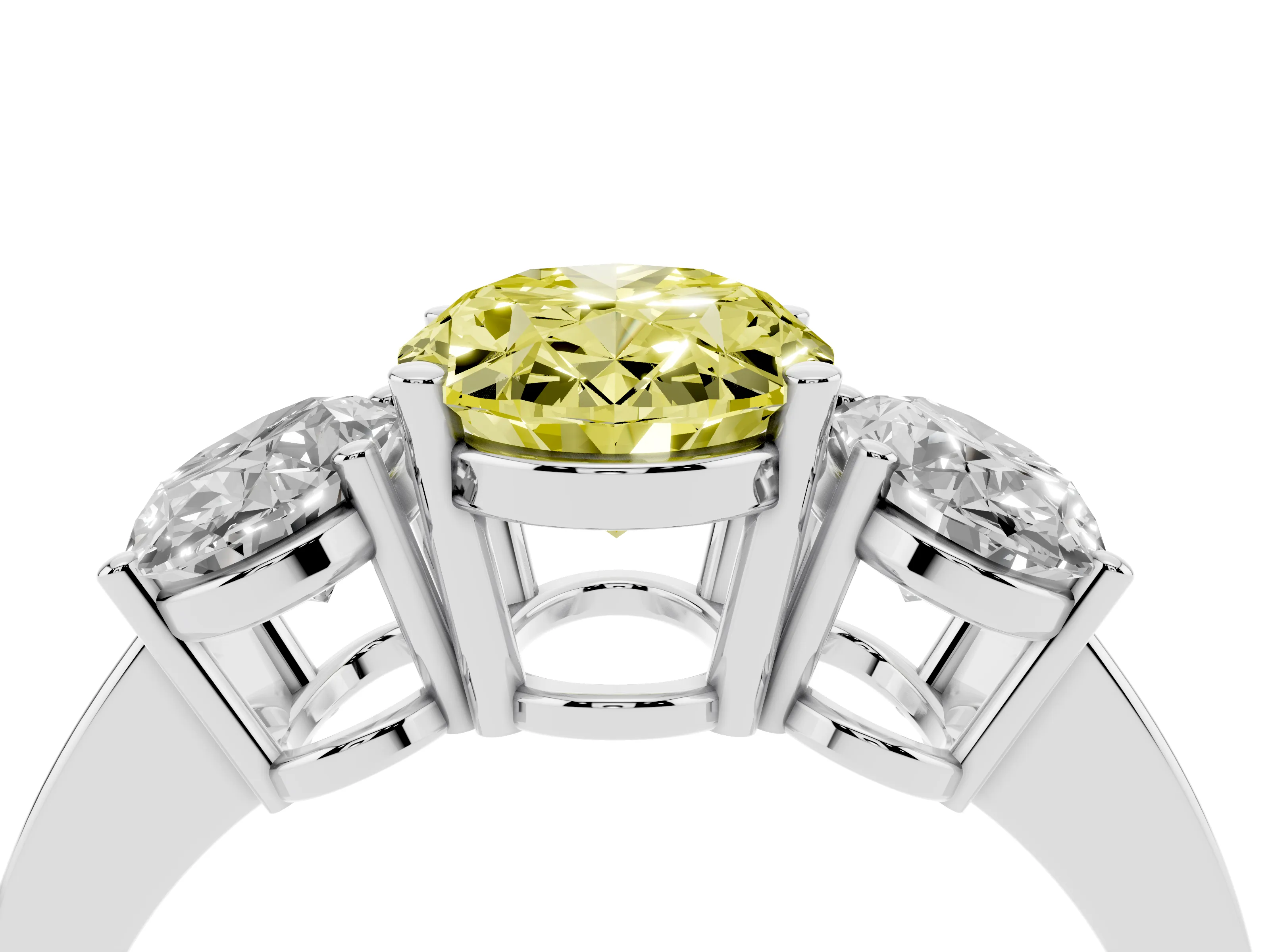 Fancy Yellow Oval Cut Diamond Three-Stone Engagement Ring Set in White gold with Flat Band