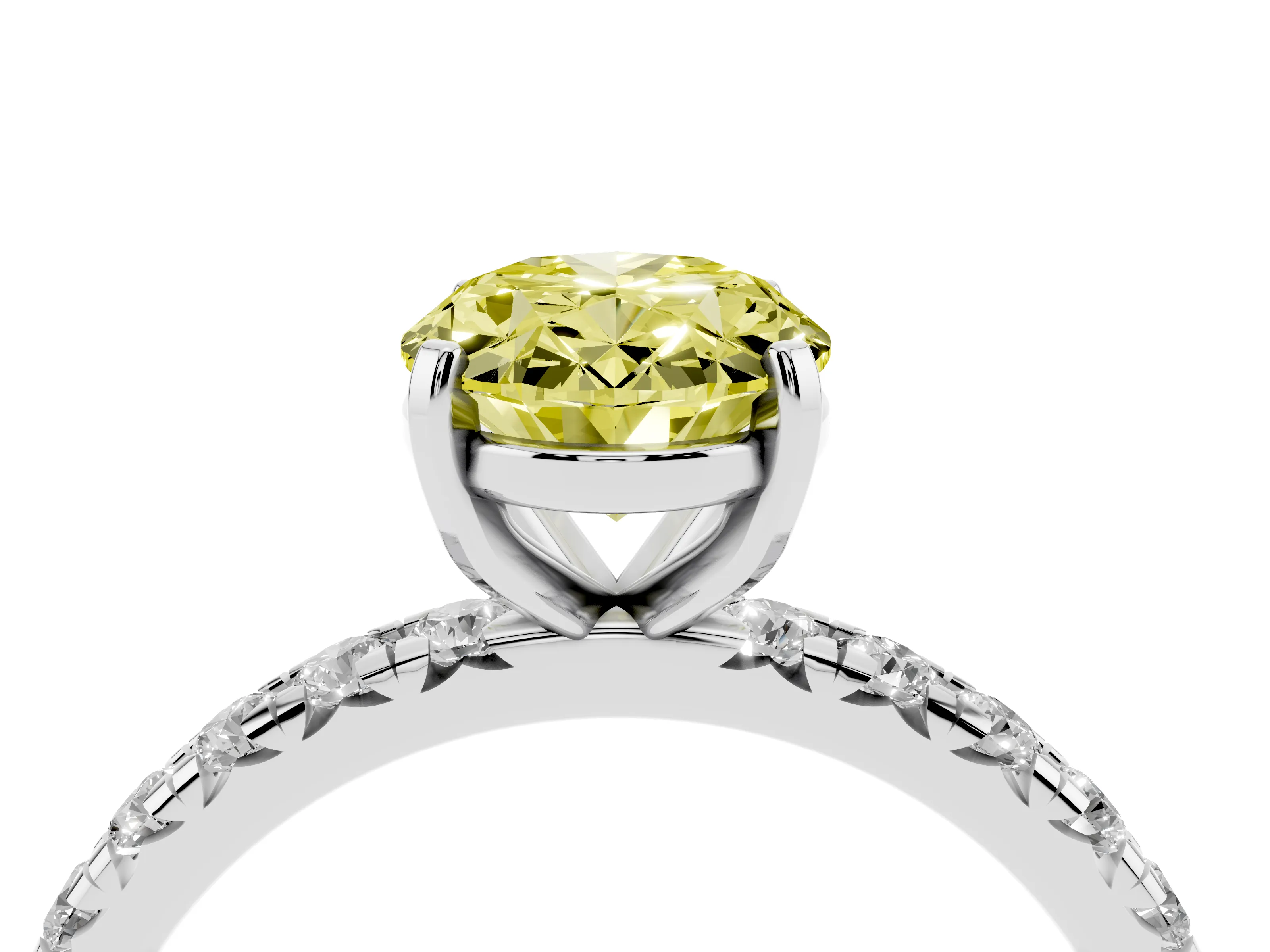 Fancy Yellow Oval Cut Diamond Pavé Solitaire Ring Set in Platinum with Round Band and Prong Setting