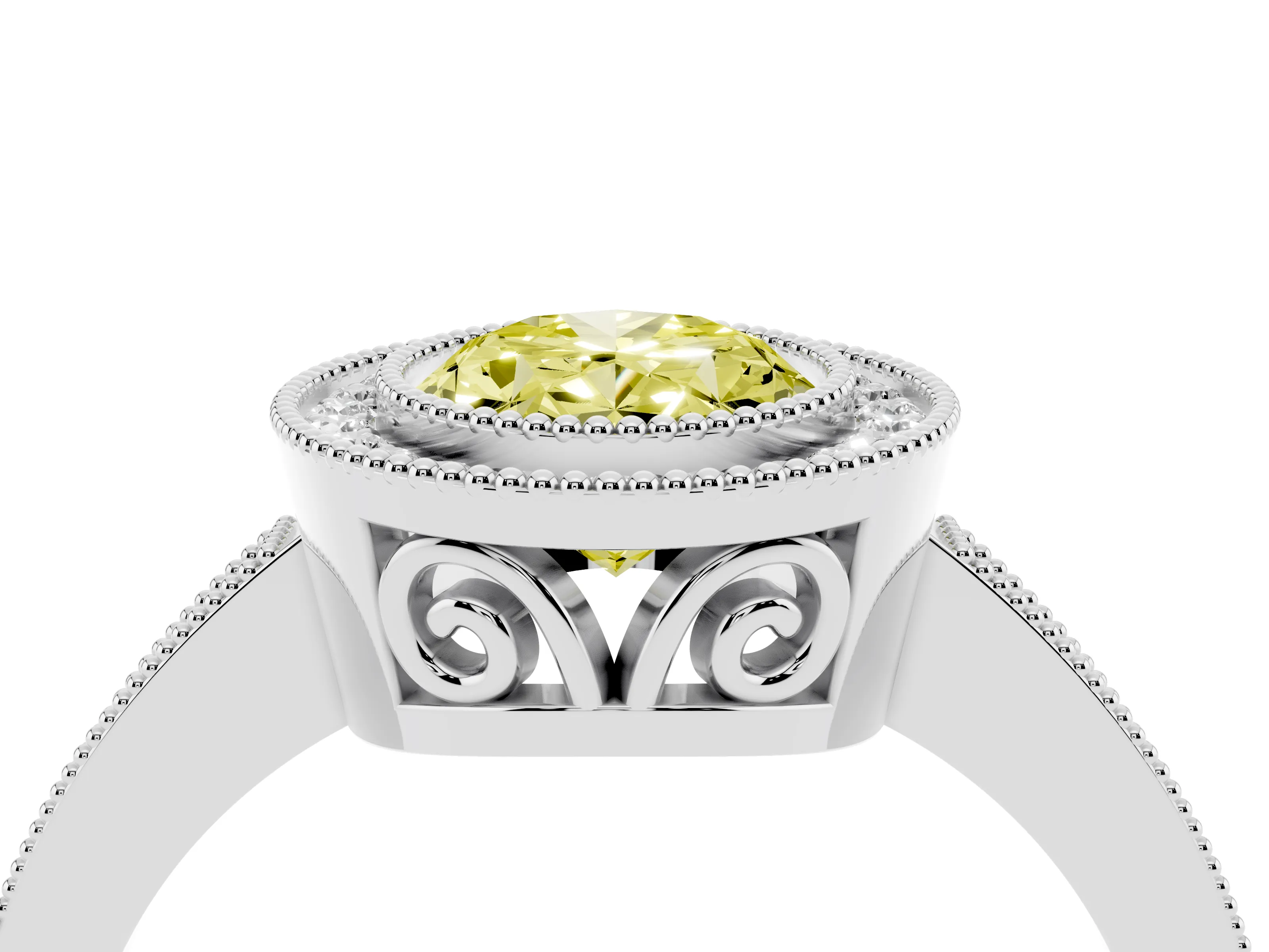 Fancy Yellow Oval Cut Diamond Halo Ring Set in Silver with Pavé Band and Milgrain-Edged Prongs