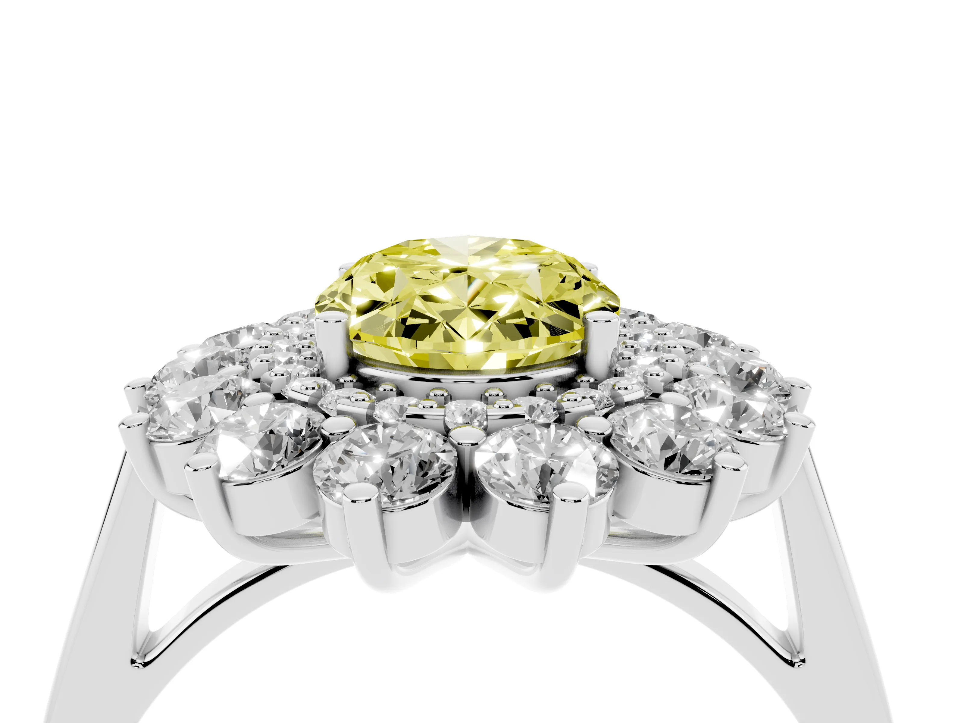 Fancy Yellow Oval Cut Diamond Floral Double Halo Ring Set in Platinum with Round Petals