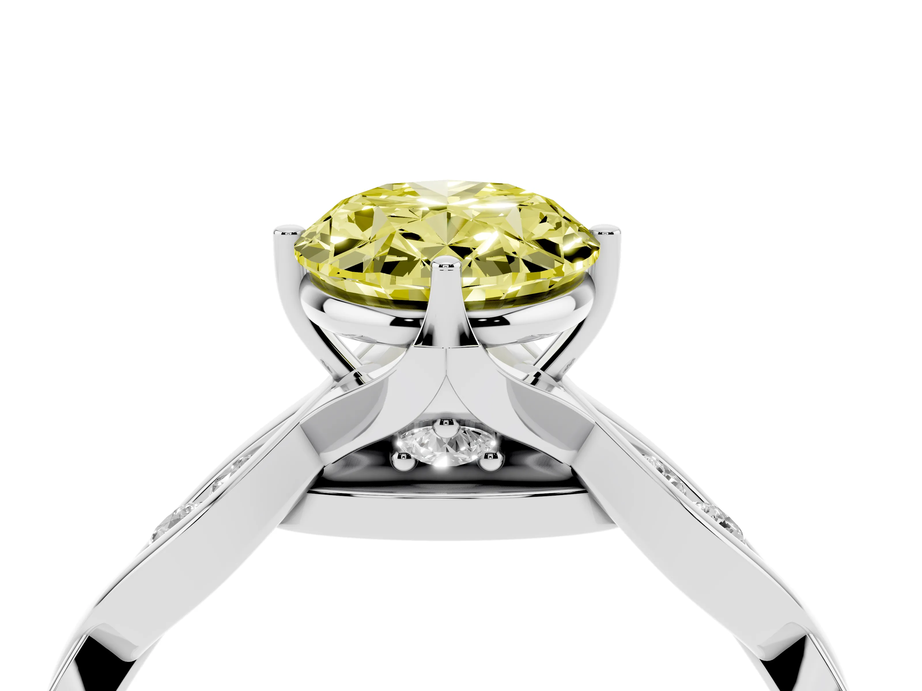 Fancy Yellow Oval Cut Diamond Twist Band Solitaire Ring Set in Platinum with Leaf Prong Setting and Accent Stones