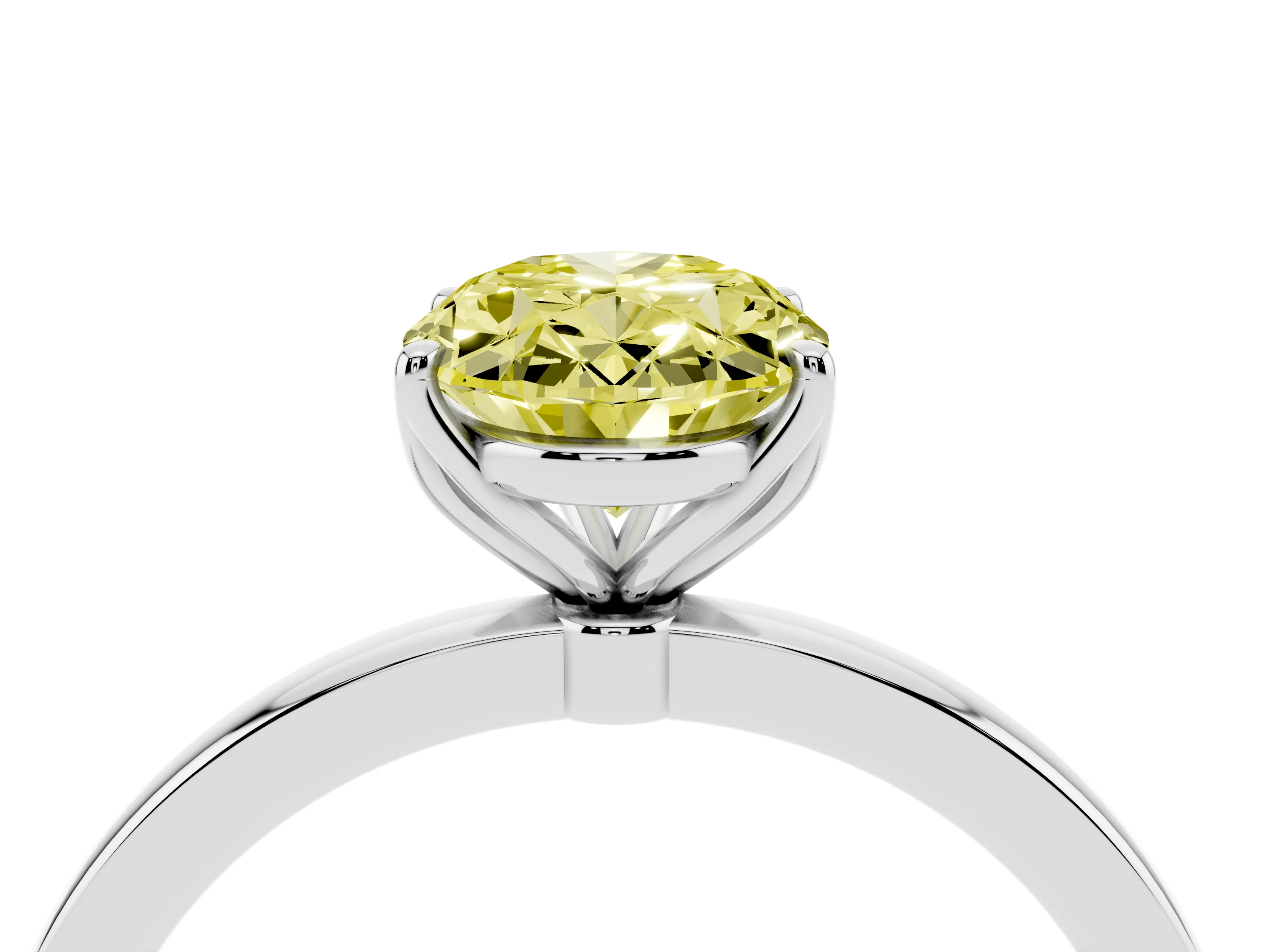 Fancy Yellow Oval Cut Diamond Solitaire Ring Set in White gold with Prong Setting and Thin Polished Band