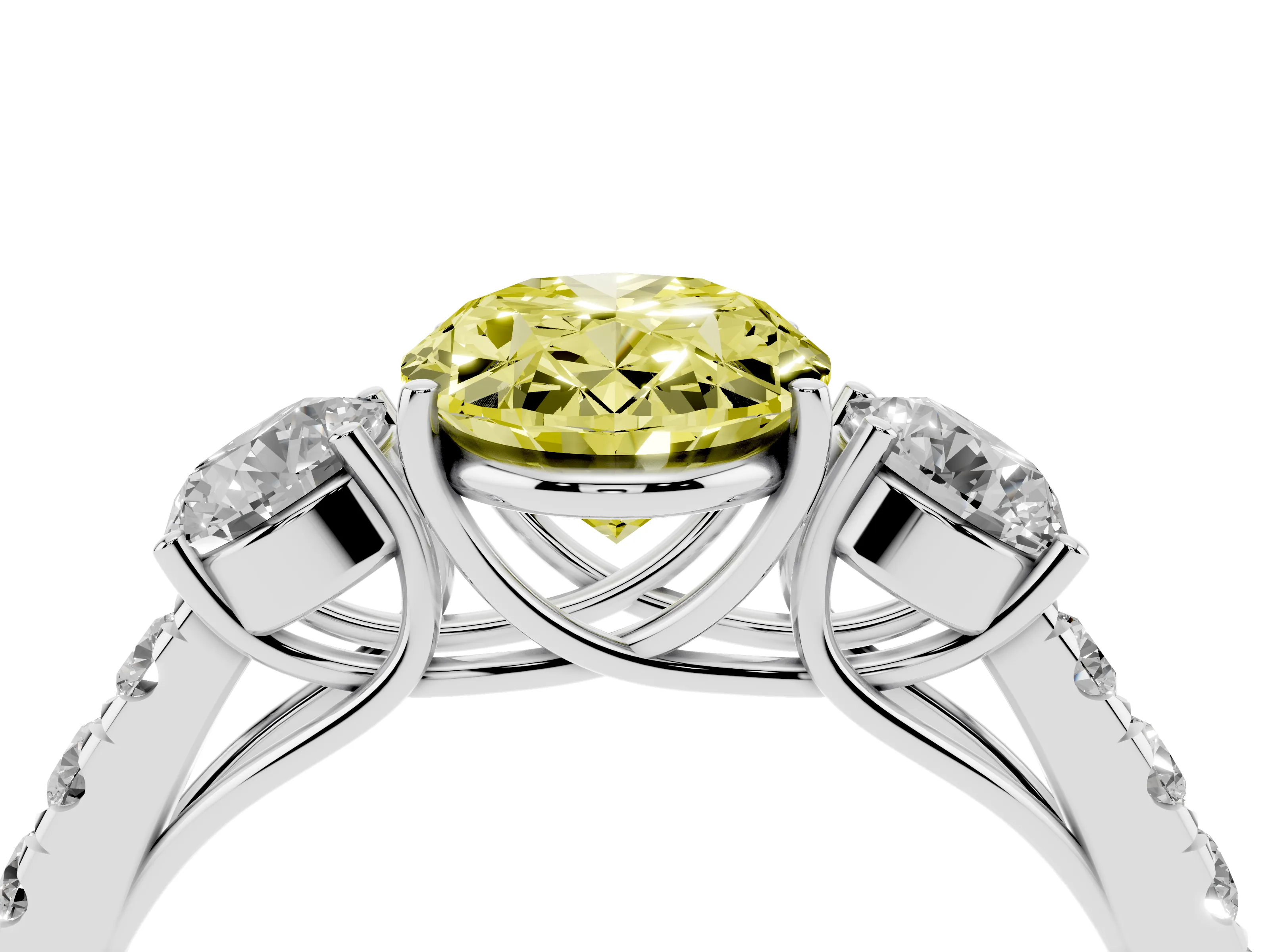 Fancy Yellow Oval Cut Diamond Three-Stone Ring Set in Silver with Round Side Stones and Delicate Pavé Band