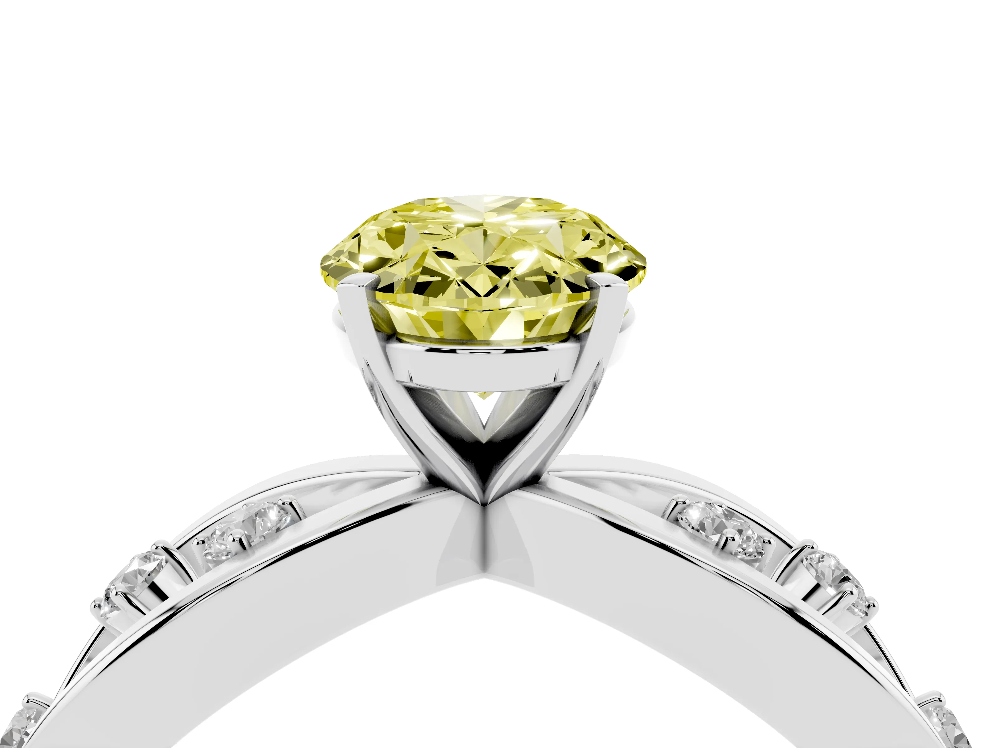 Fancy Yellow Oval Cut Diamond Solitaire Ring Set in White gold with Side Stones on Criss-Cross Band and Prong Setting