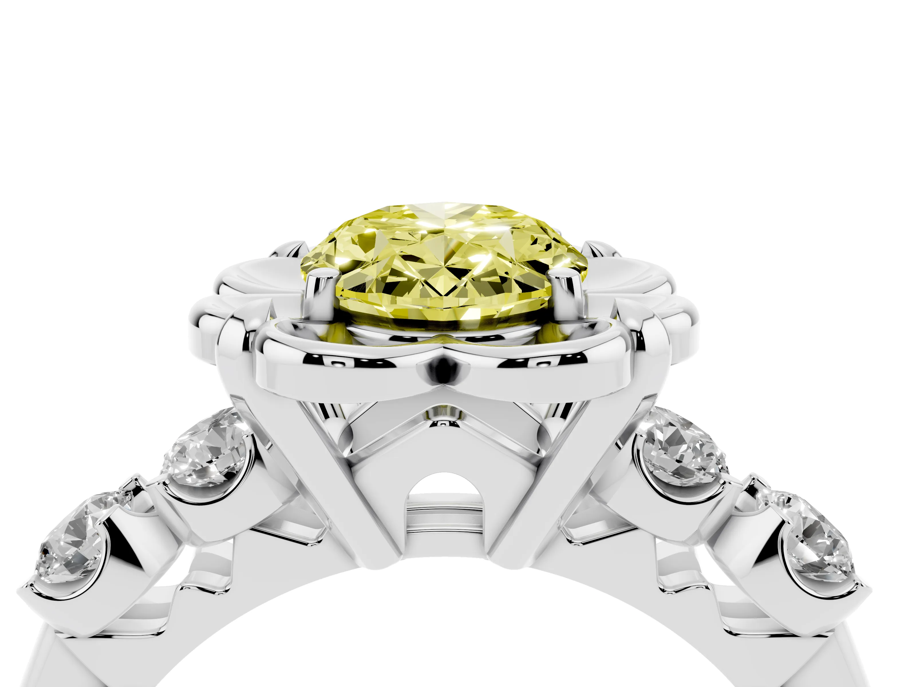Fancy Yellow Oval Cut Diamond Floral Halo Ring Set in Platinum with Shared Prong Band