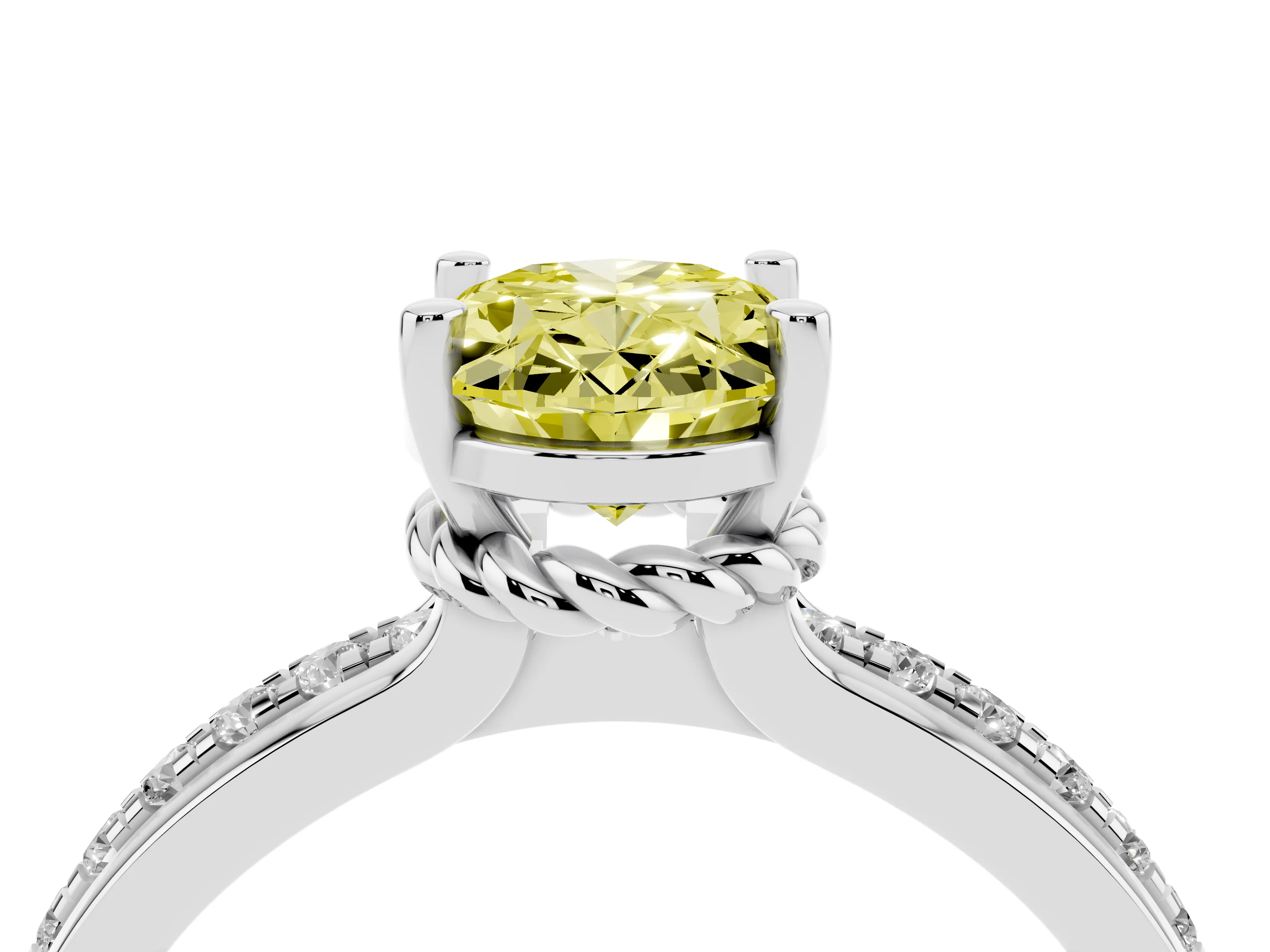 Fancy Yellow Oval Cut Diamond Solitaire Ring Set in Silver with Channel Set Band and Prong Setting