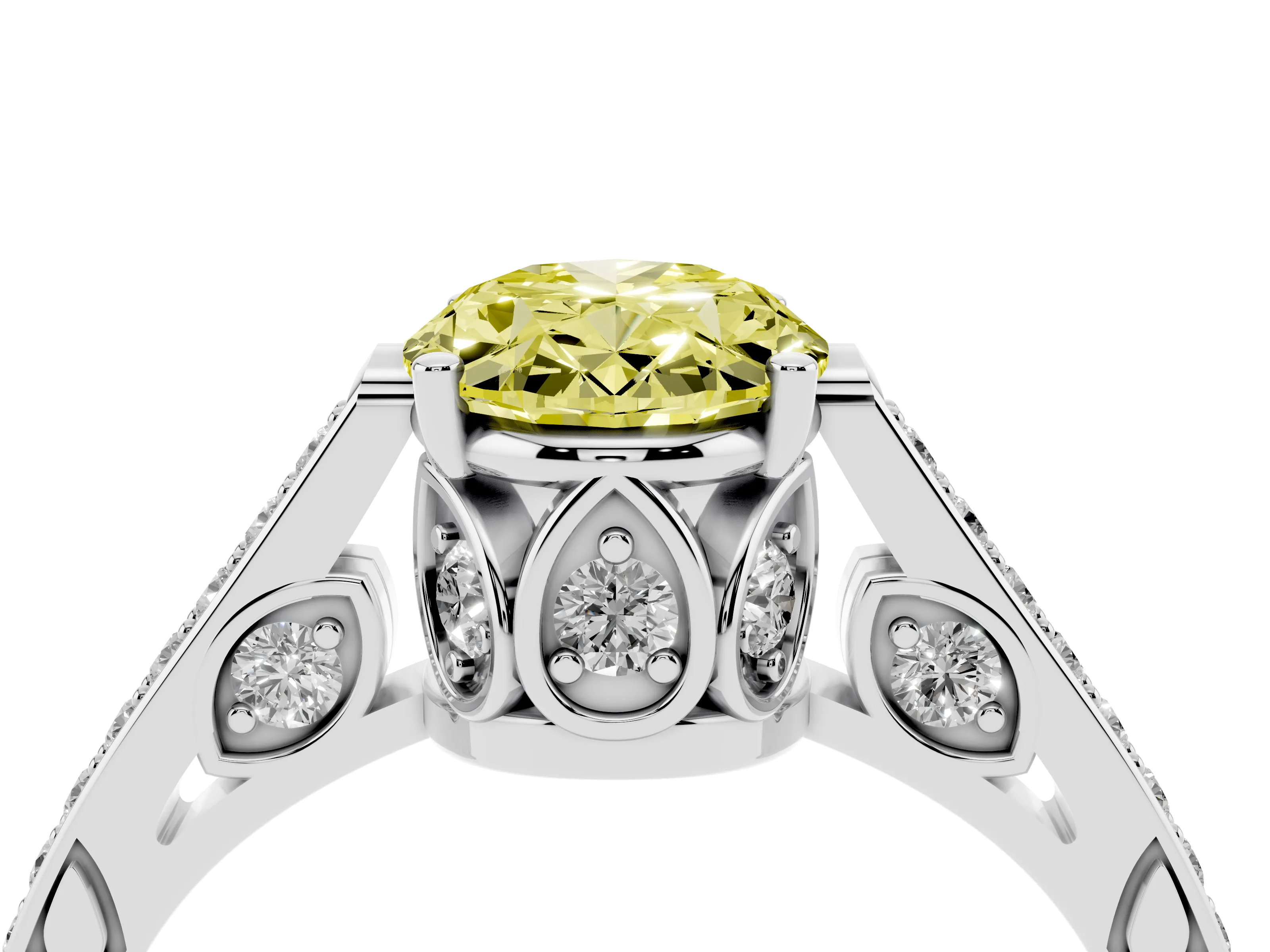 Fancy Yellow Oval Cut Diamond Cathedral Pavé Engagement Ring Set in Silver with Prong Setting