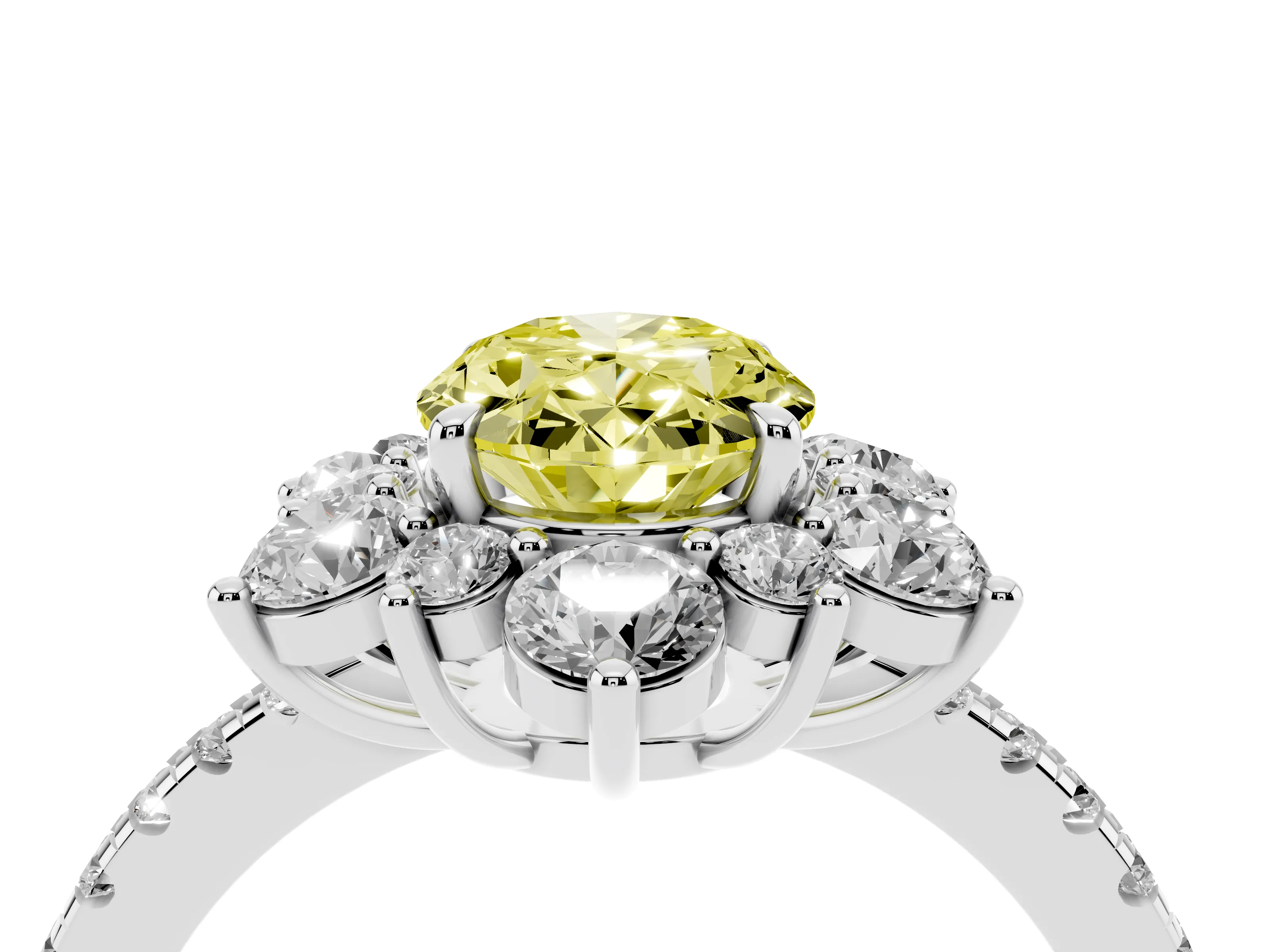 Fancy Yellow Oval Cut Diamond Floral Halo Ring Set in Platinum with Round Pavé Band and Prong Setting