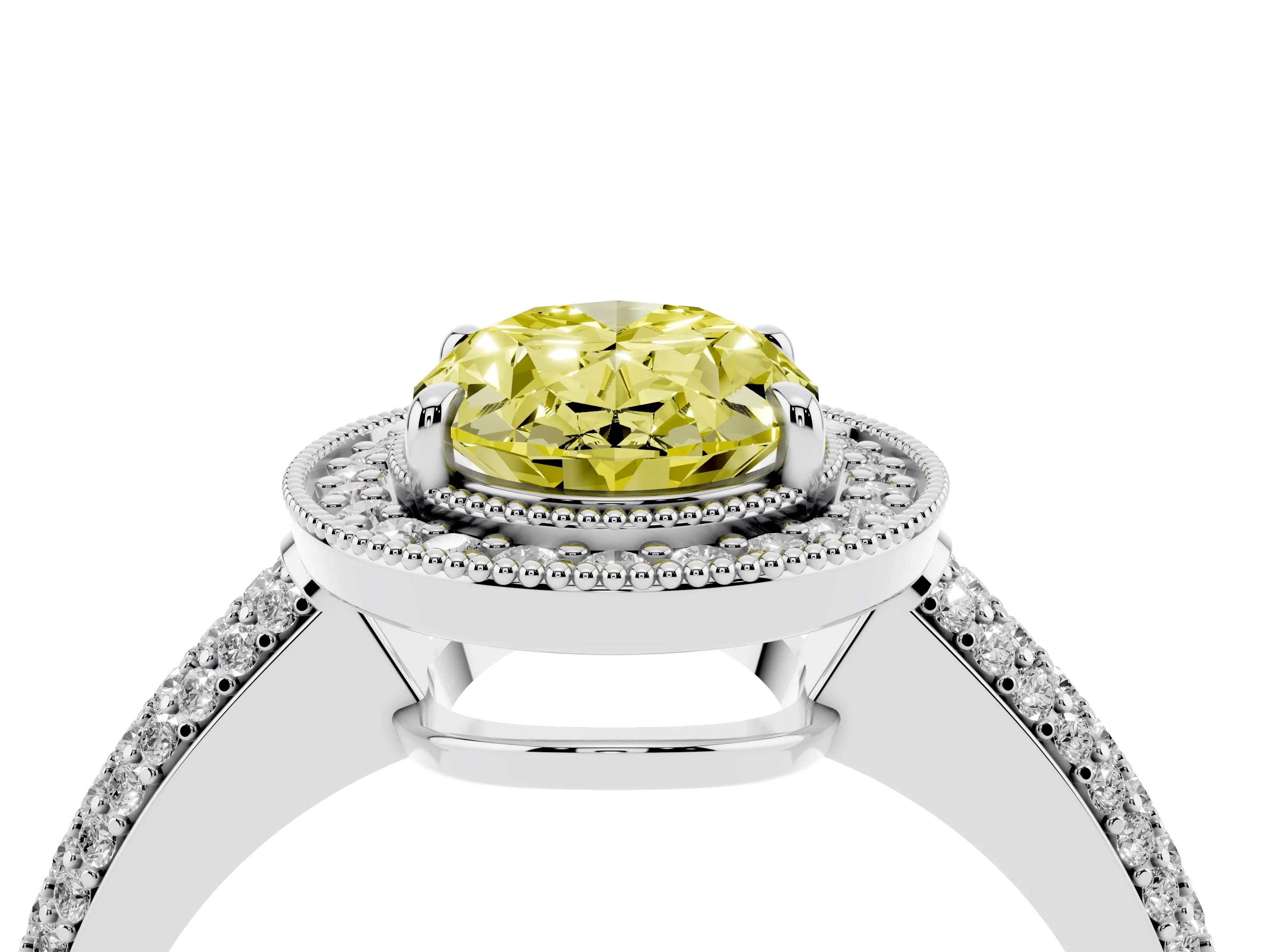 Fancy Yellow Oval Cut Diamond Halo Pavé Band Set in Silver with Prong Setting
