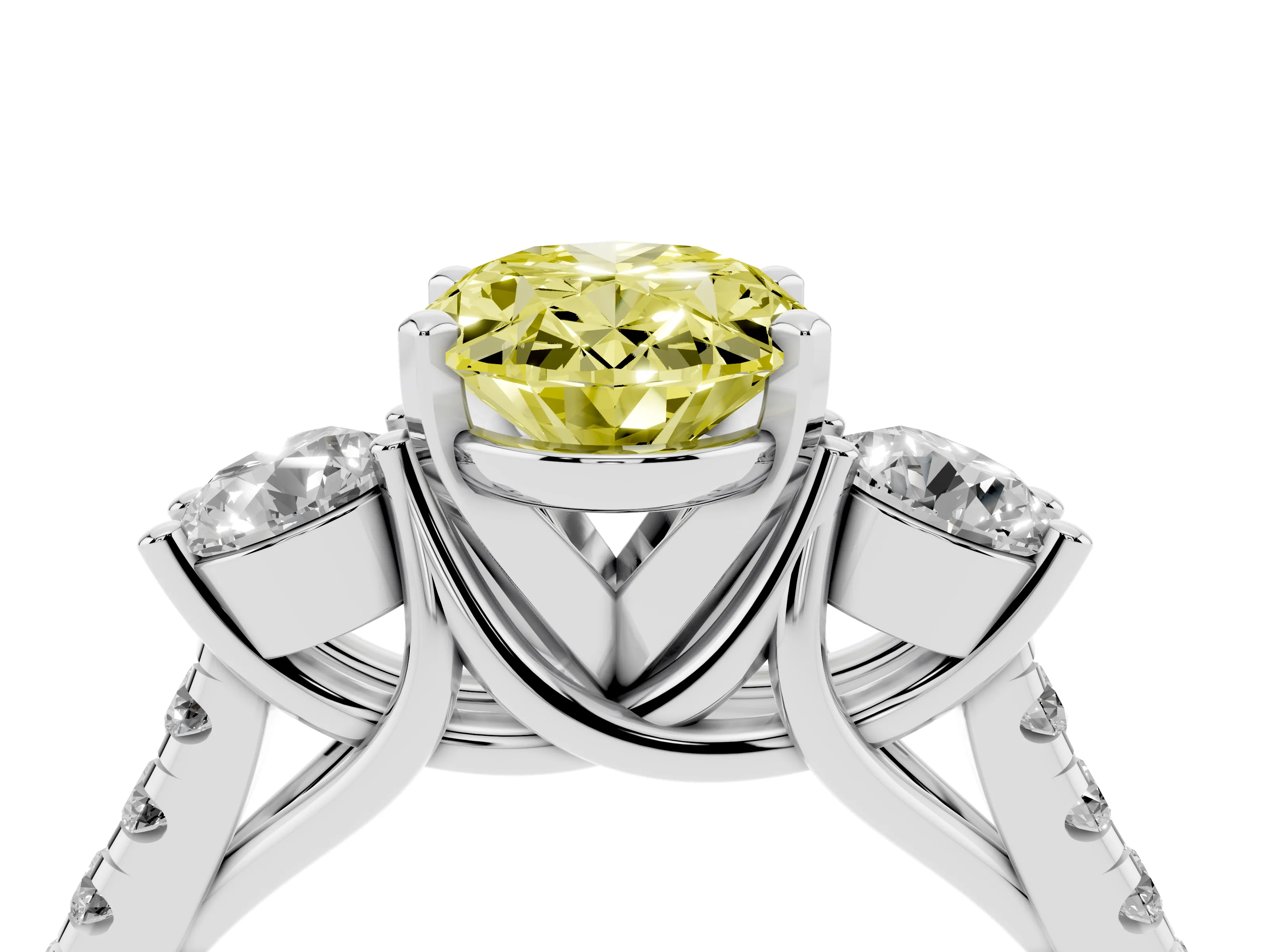 Fancy Yellow Three-Stone Oval Cut Diamond Pavé Band Ring Set in Platinum with Prong-Set Trio