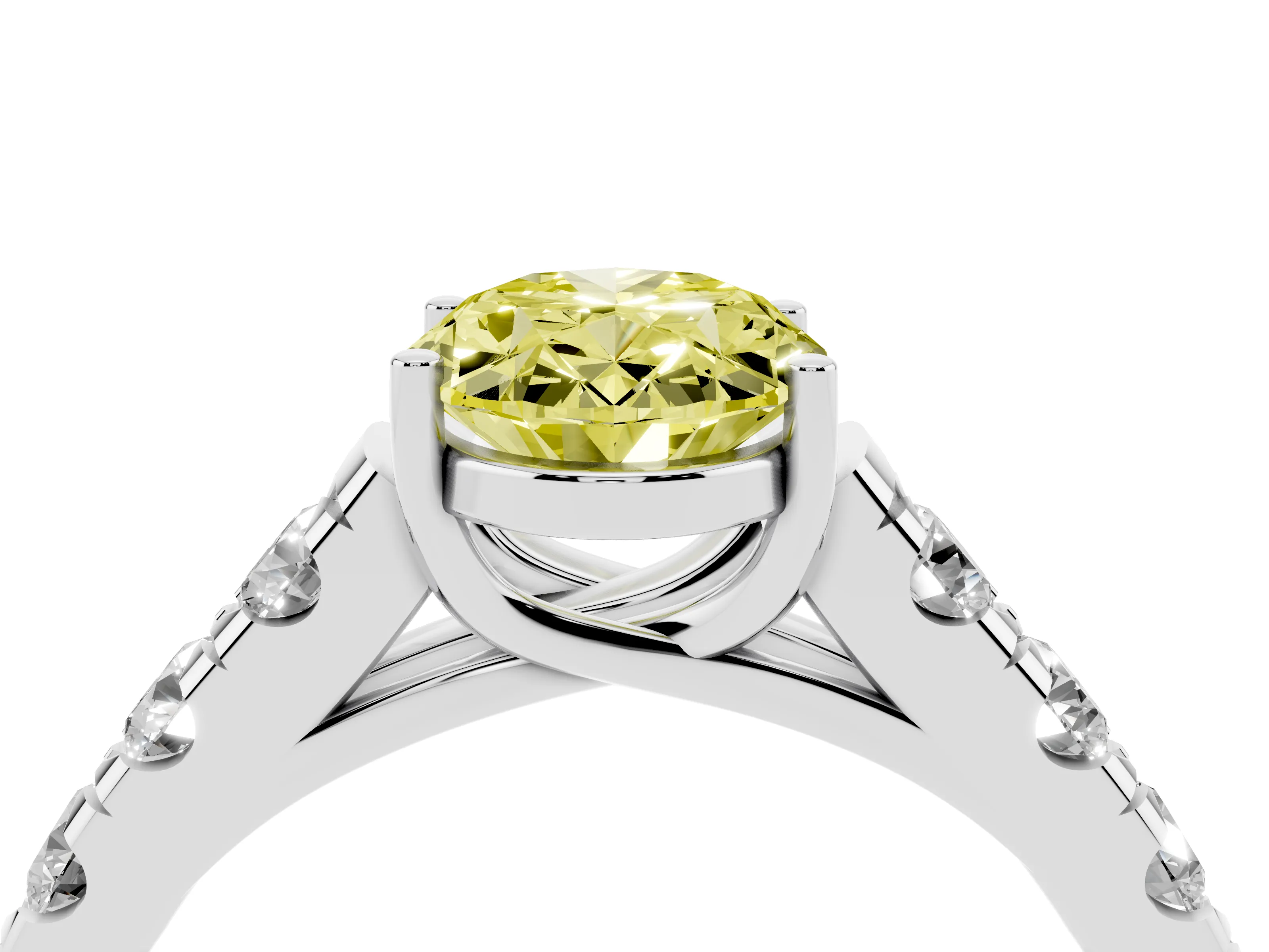 Fancy Yellow Oval Cut Diamond Solitaire Ring Set in Platinum with Cut-Down Micro Pavé Band and Prong Setting