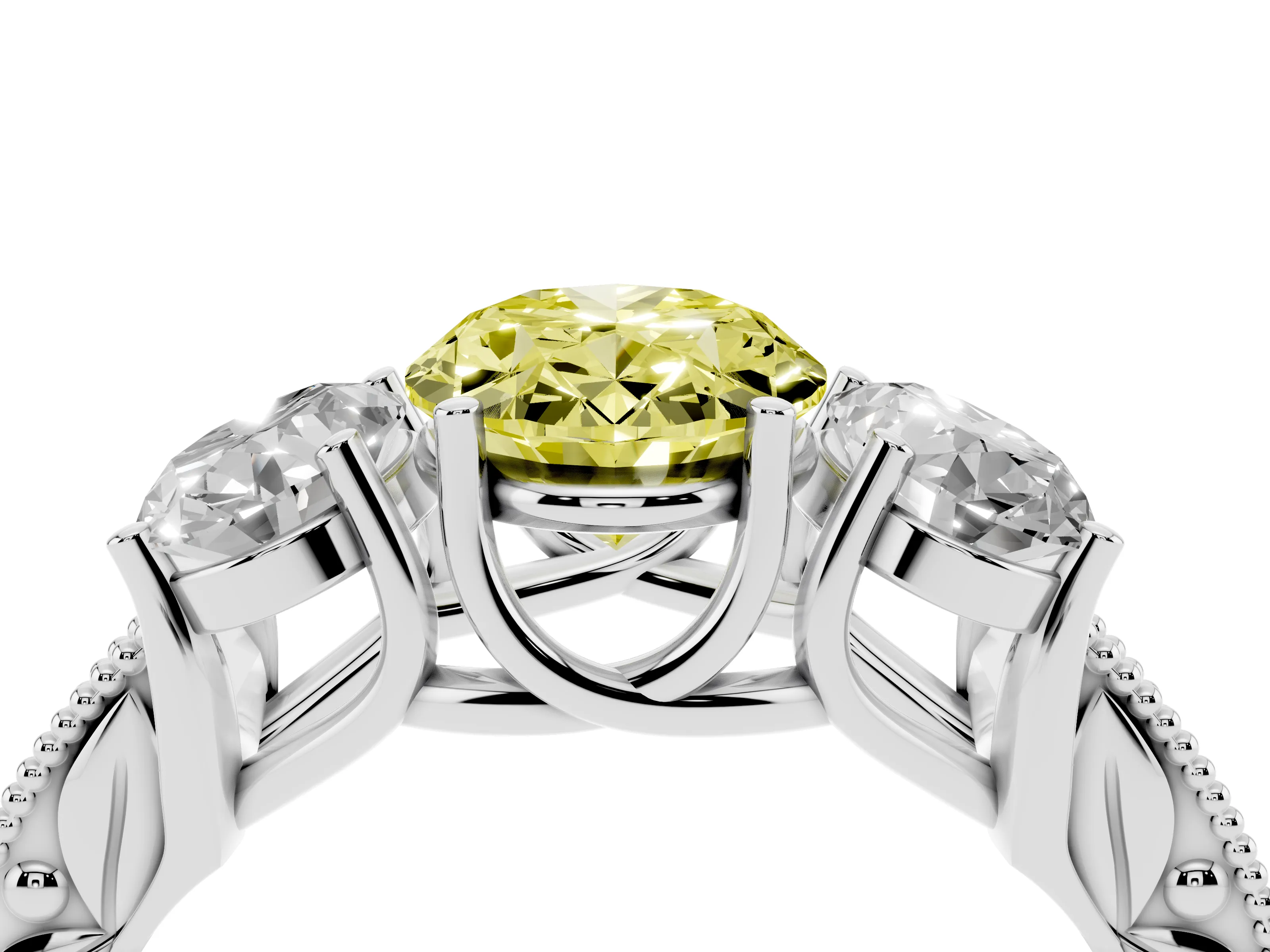Fancy Yellow Oval Cut Diamond Three-Stone Engagement Ring Set in Silver with Milgrain Pavé Band