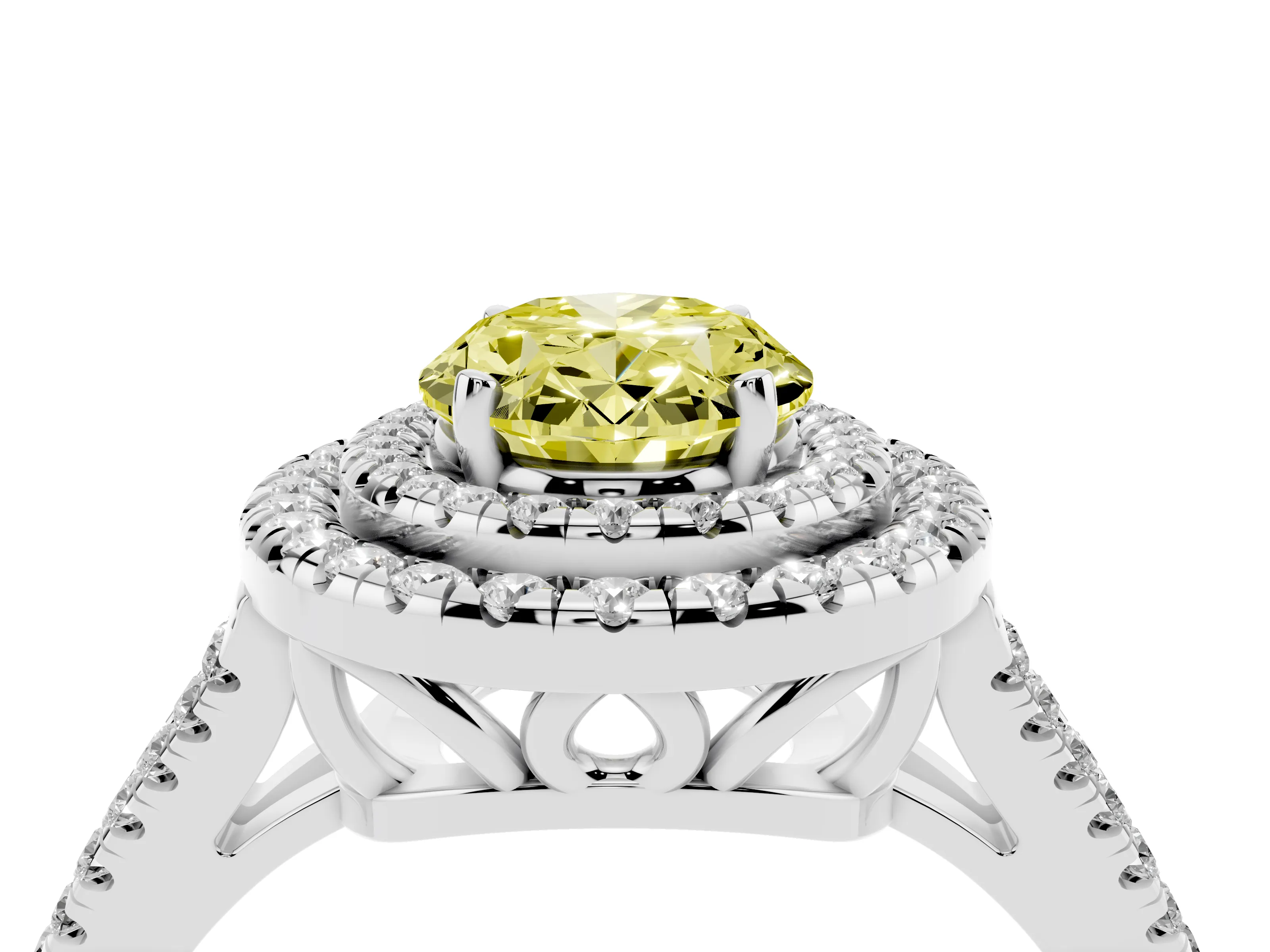Fancy Yellow Oval Cut Diamond Double Halo Ring Set in Platinum with Pavé Band