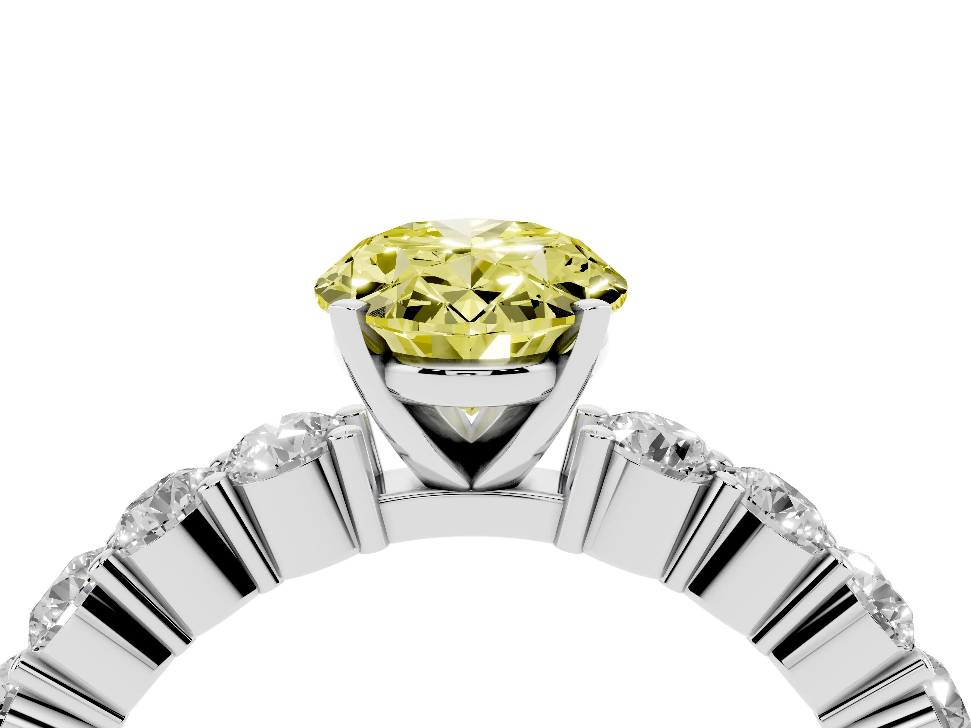 Fancy Yellow Oval Cut Diamond Solitaire Ring Set in Platinum with Shared Prong Round Side Stones