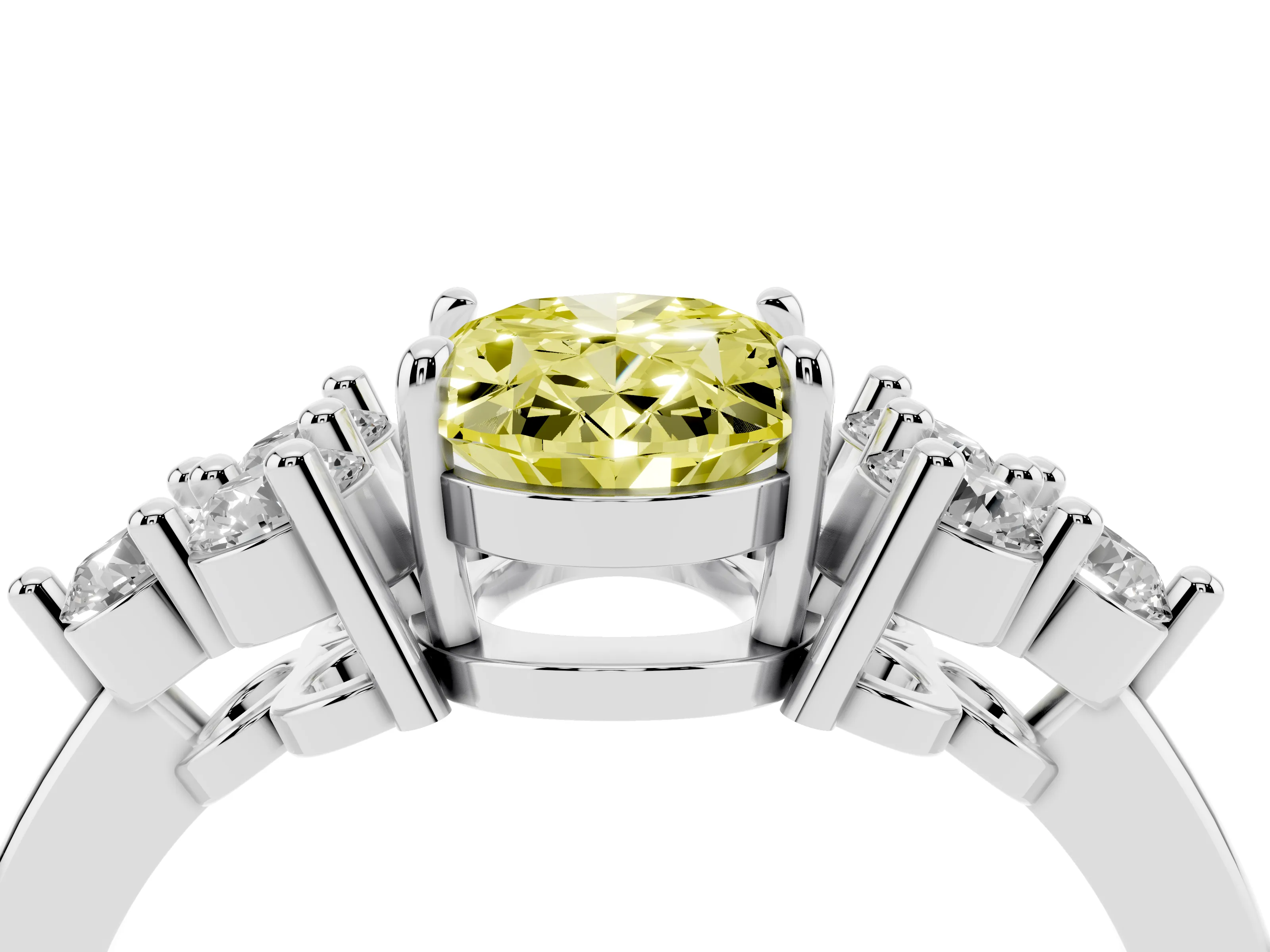Fancy Yellow Oval Cut Diamond Solitaire Ring Set in Silver with Cluster Accents on Each Side