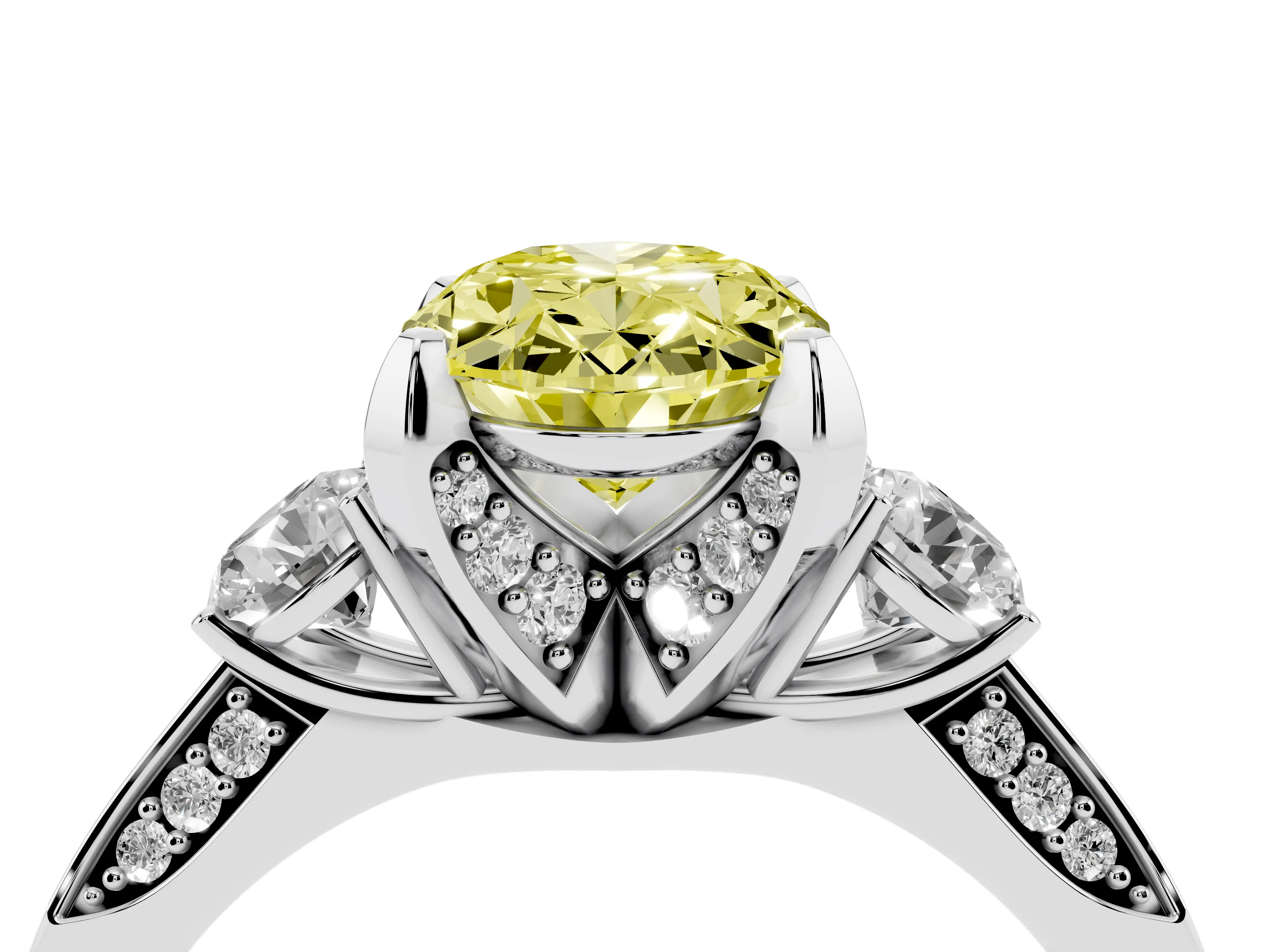 Fancy Yellow Oval Cut Diamond Three-Stone Ring Set in Silver with Pavé Band and Smaller Side Stones