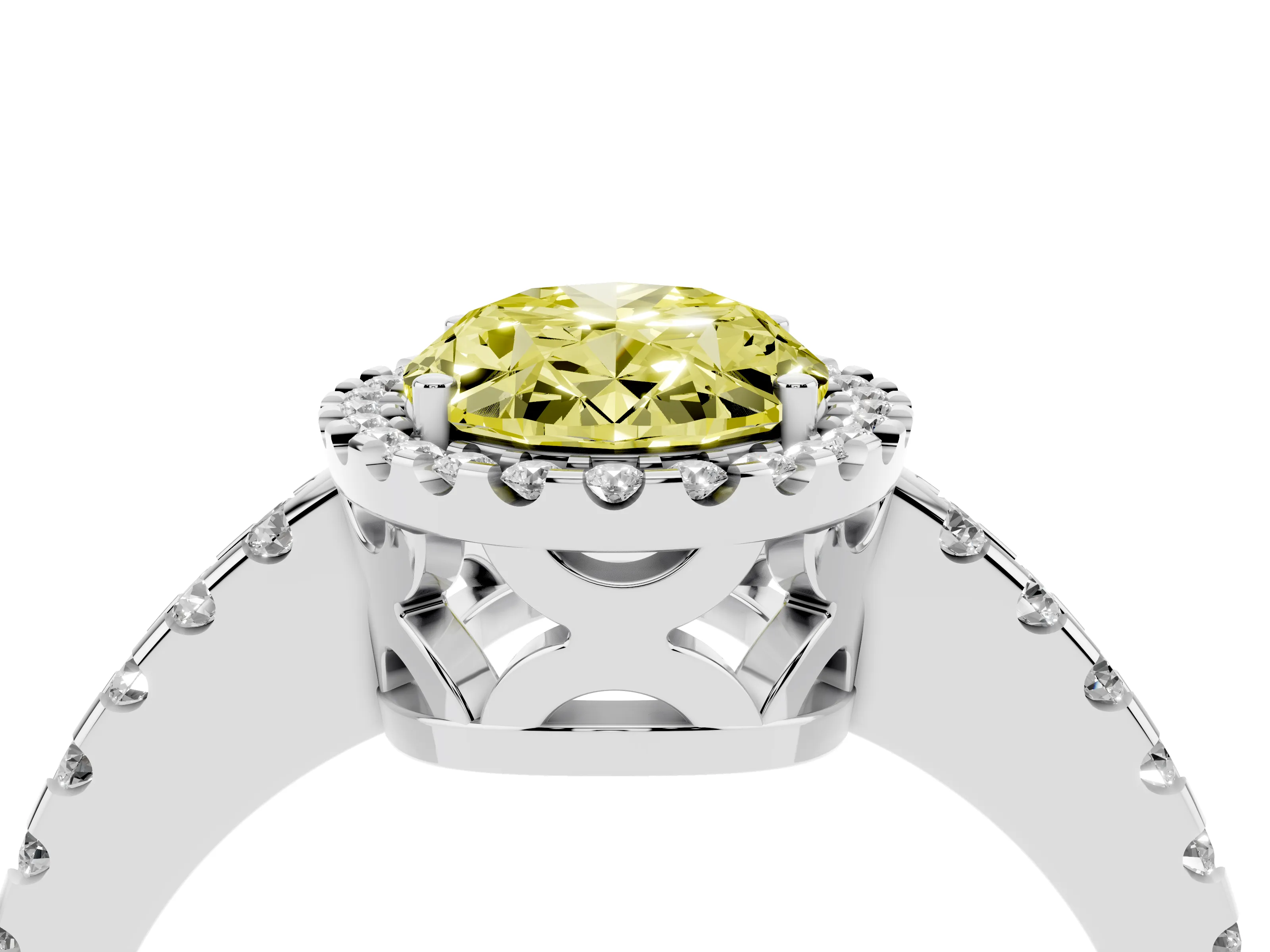 Fancy Yellow Oval Cut Diamond Halo Ring Set in Silver with Pavé Shoulders and Halo-Framed Center