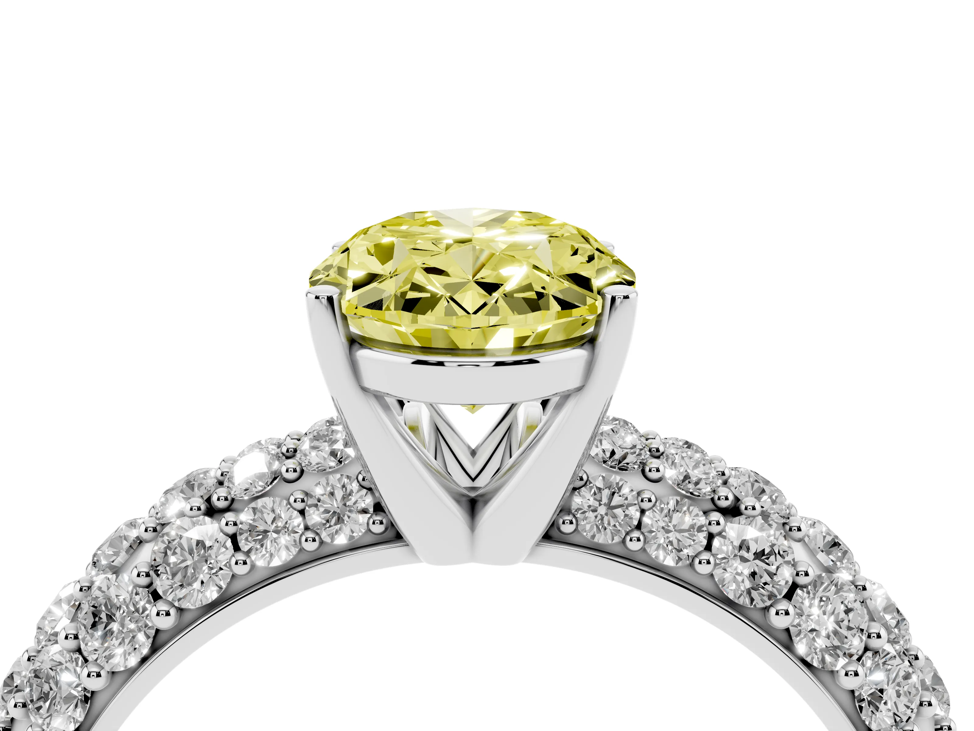 Fancy Yellow Oval Cut Diamond Pavé Band Solitaire Ring Set in White gold with Close-Set Accent Stones and Prong Setting