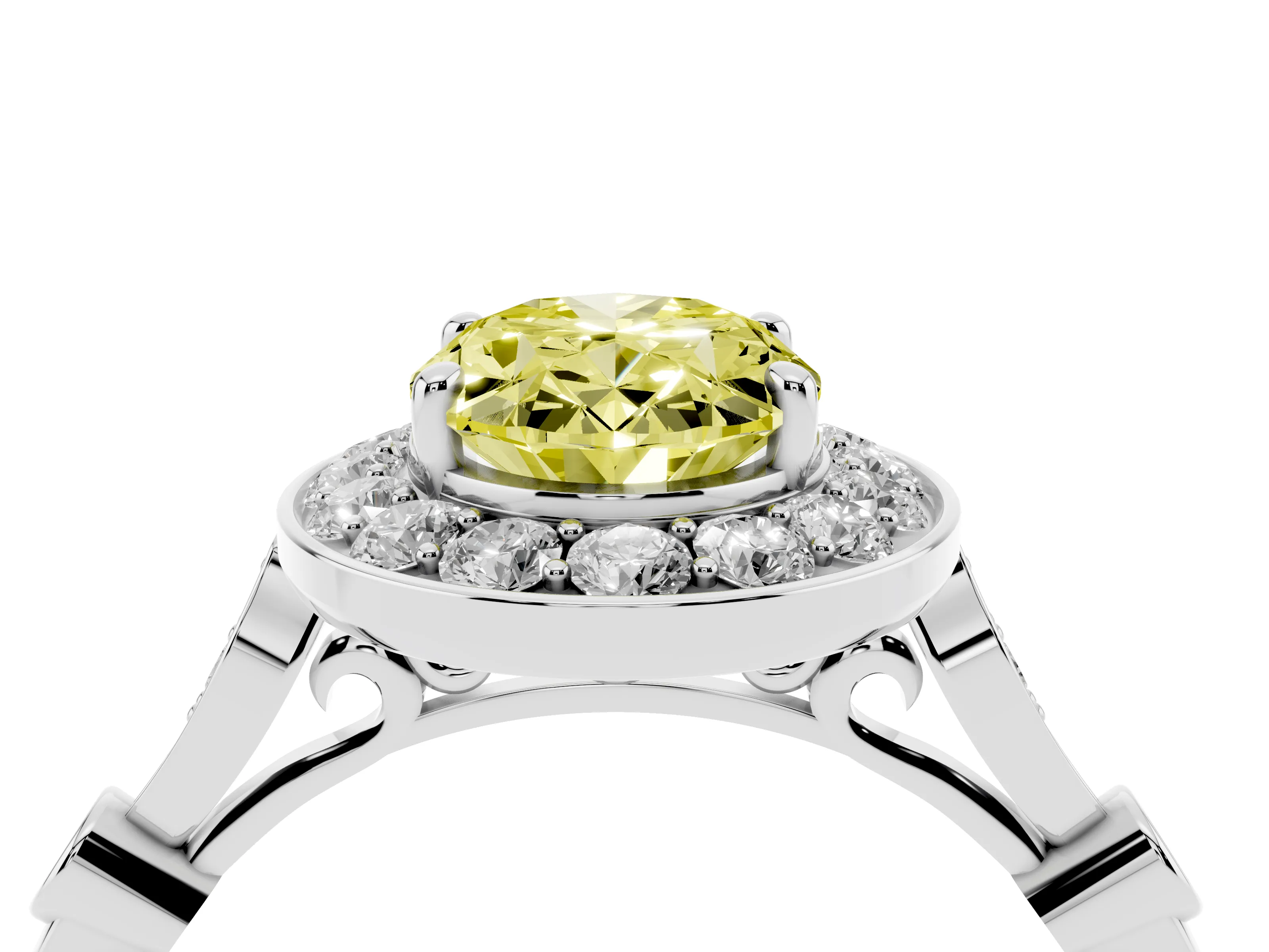 Fancy Yellow Oval Cut Diamond Halo Engagement Ring Set in Silver with Twisted Band and Prong Setting