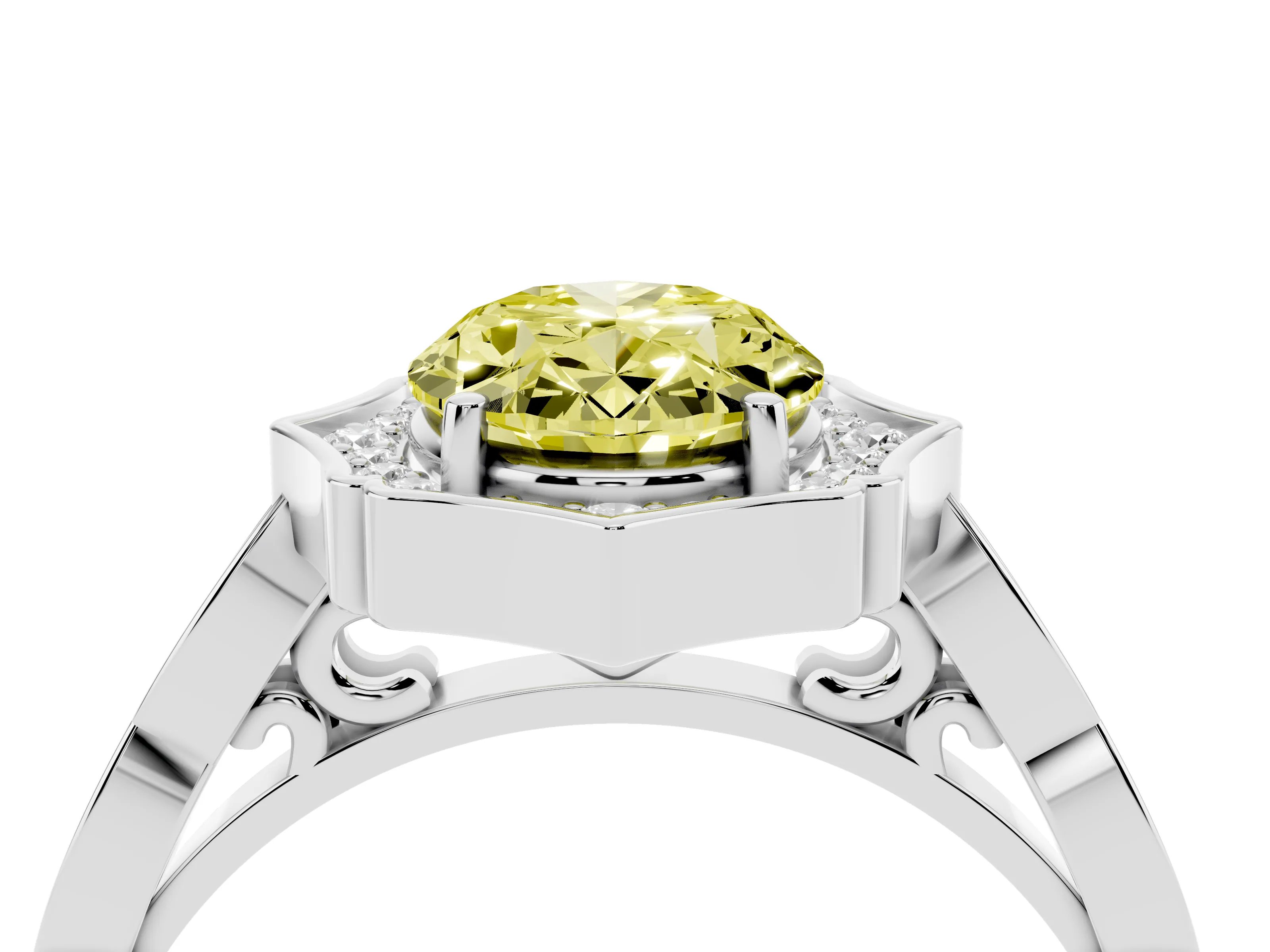 Fancy Yellow Oval Cut Diamond Halo Engagement Ring Set in White gold with Milgrain Band and Prong Setting