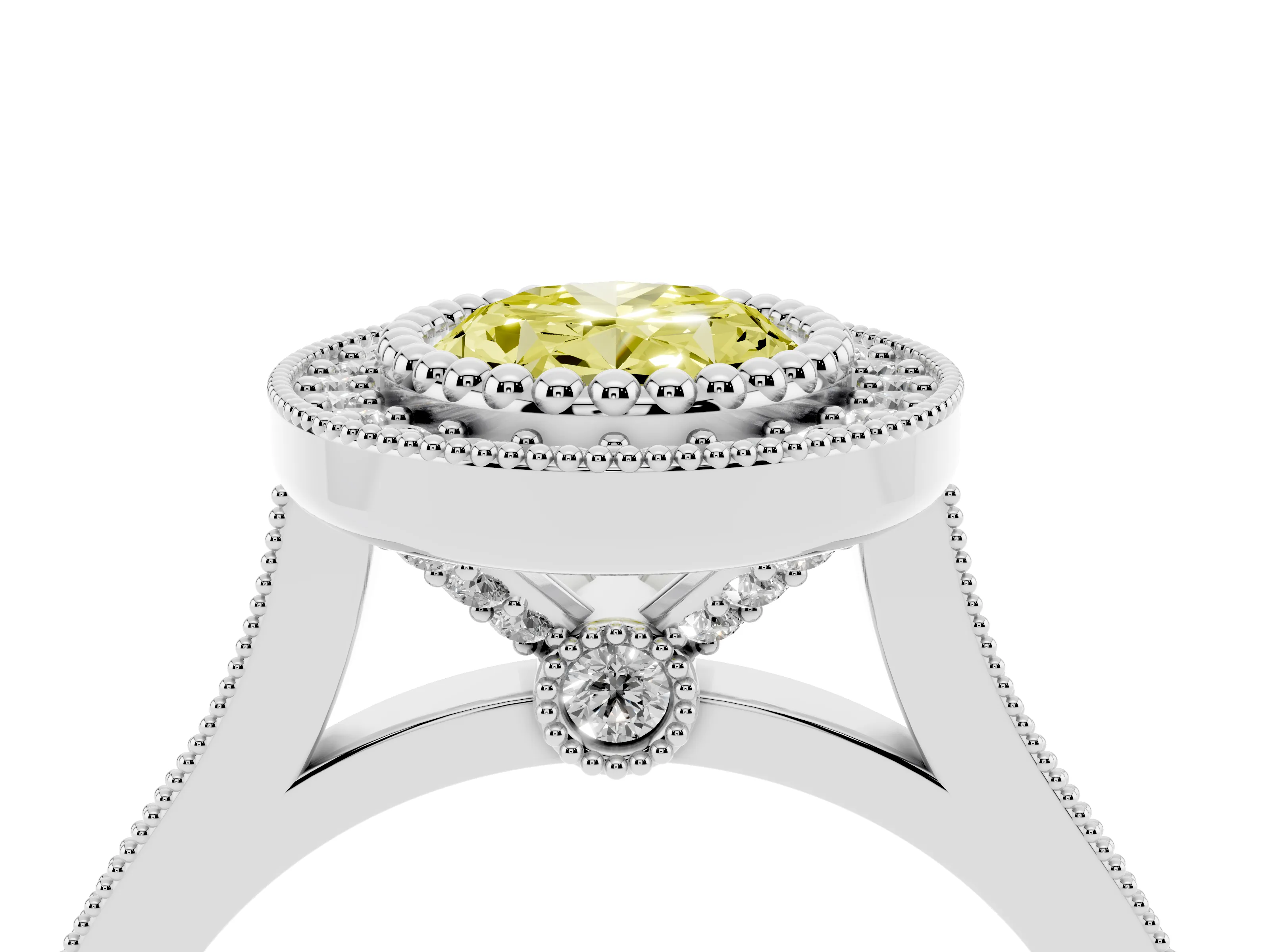 Fancy Yellow Oval Cut Diamond Halo Ring Set in Silver with Milgrain Frame and Pavé Band