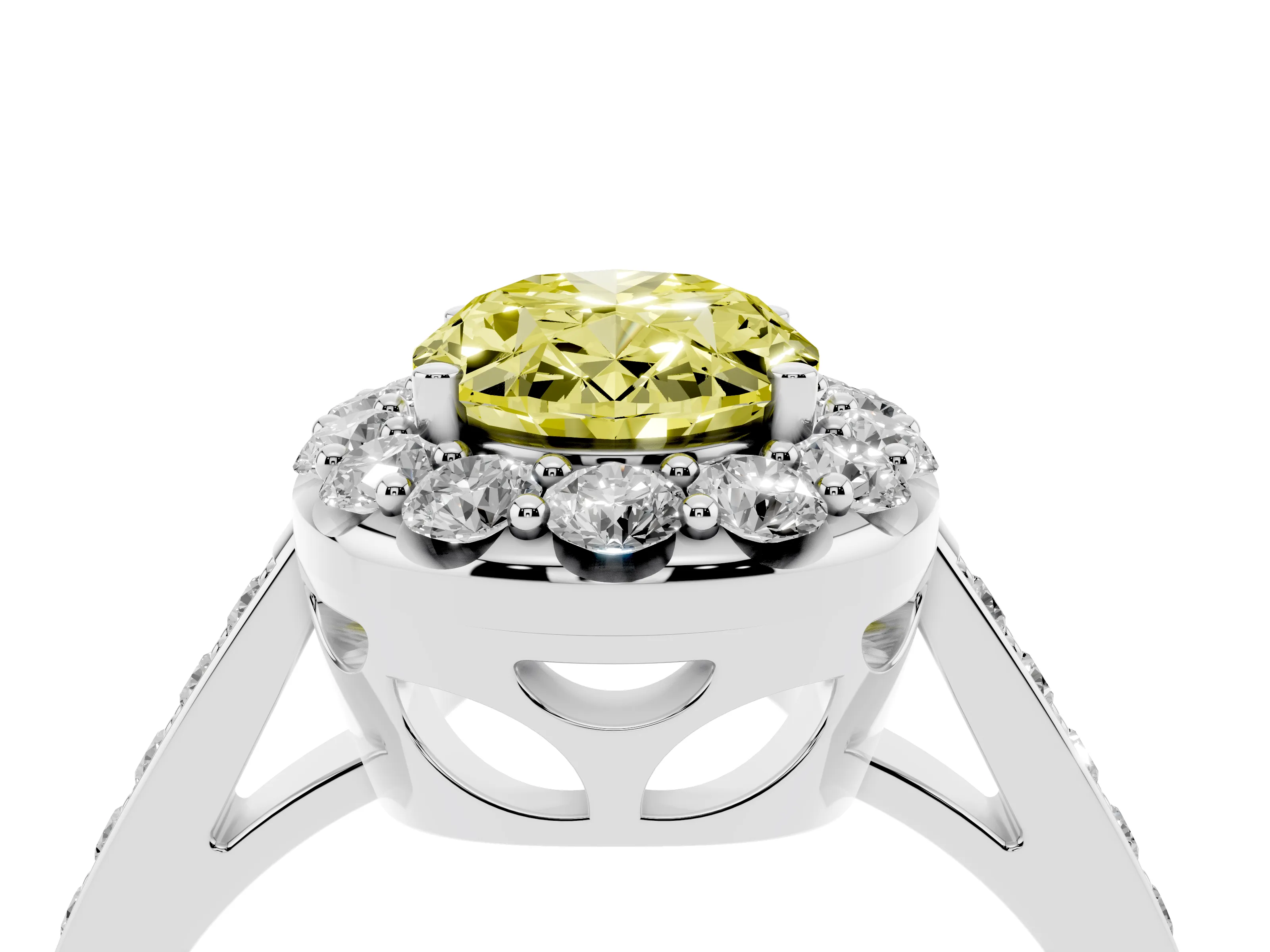 Fancy Yellow Oval Cut Diamond Floral Halo Ring Set in Silver with Pavé Band and Prong Setting