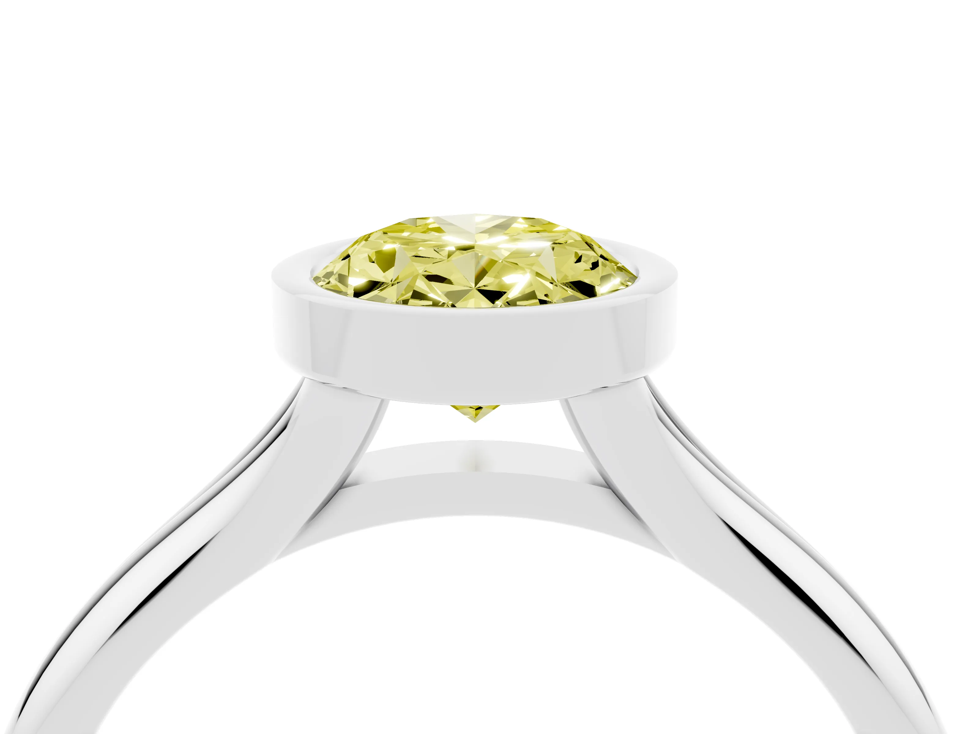 Fancy Yellow Bezel Set Oval Cut Diamond Solitaire Ring Set in White gold with Smooth Band