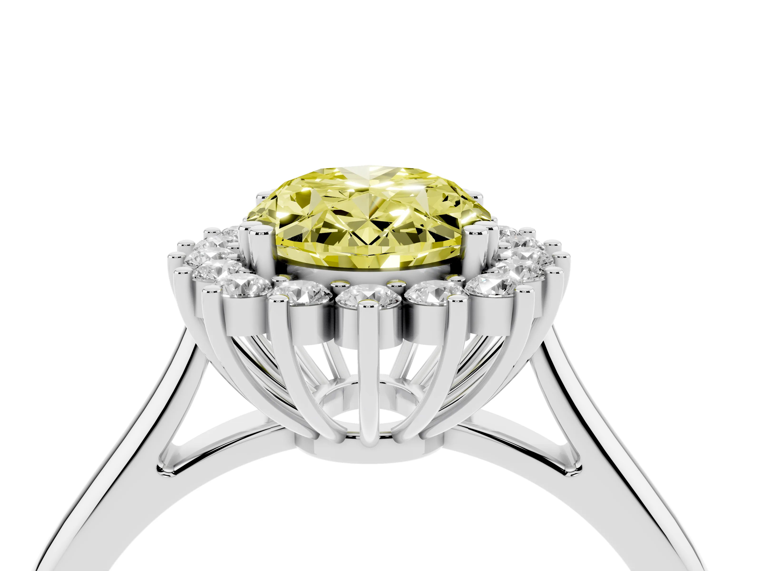 Fancy Yellow Oval Cut Diamond Halo Ring Set in Platinum with Plain Solitaire Band and Prong Setting