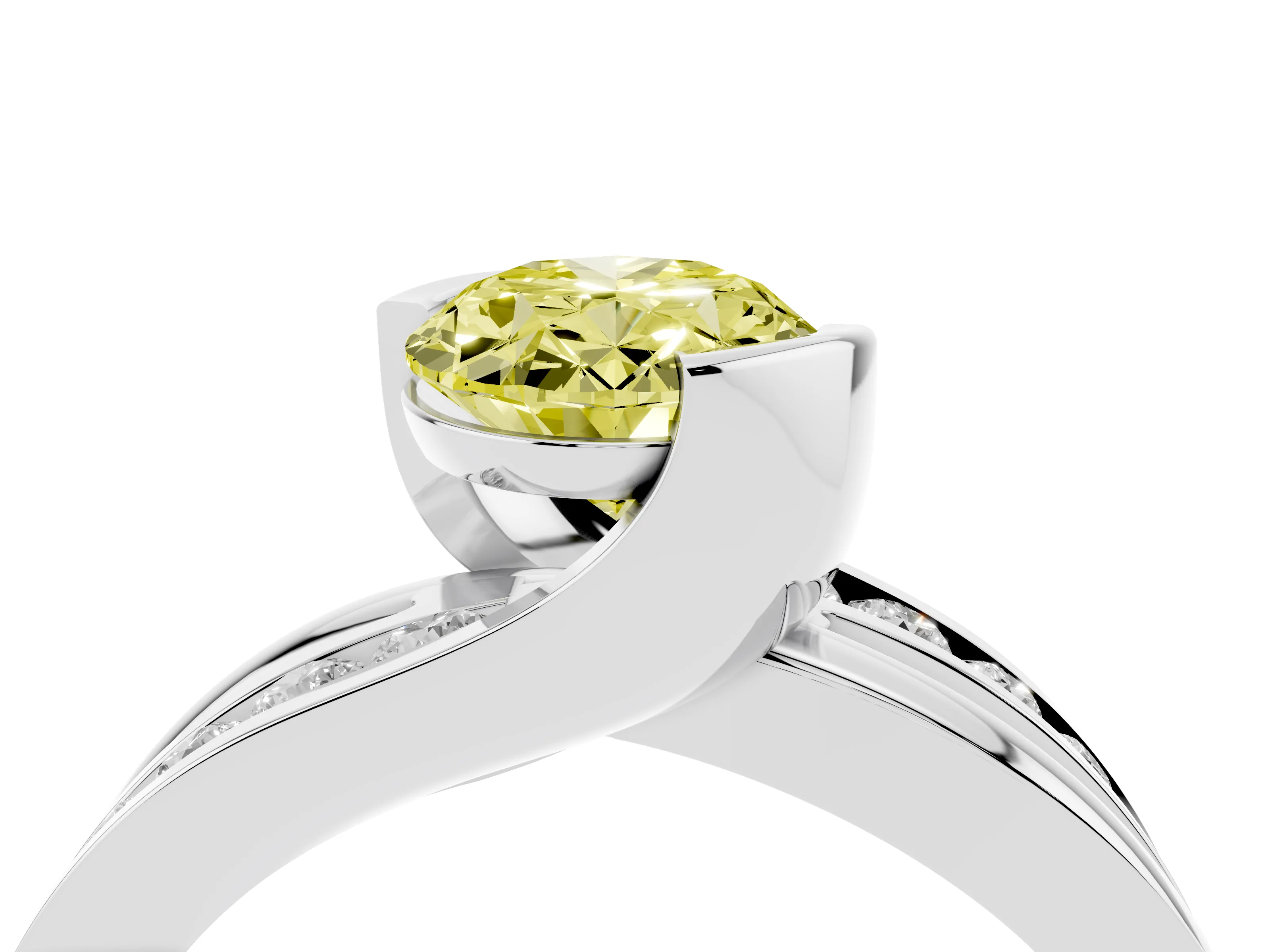 Fancy Yellow Oval Cut Diamond Solitaire Ring Set in Platinum with Channel Set Split Shank and Tension Prongs