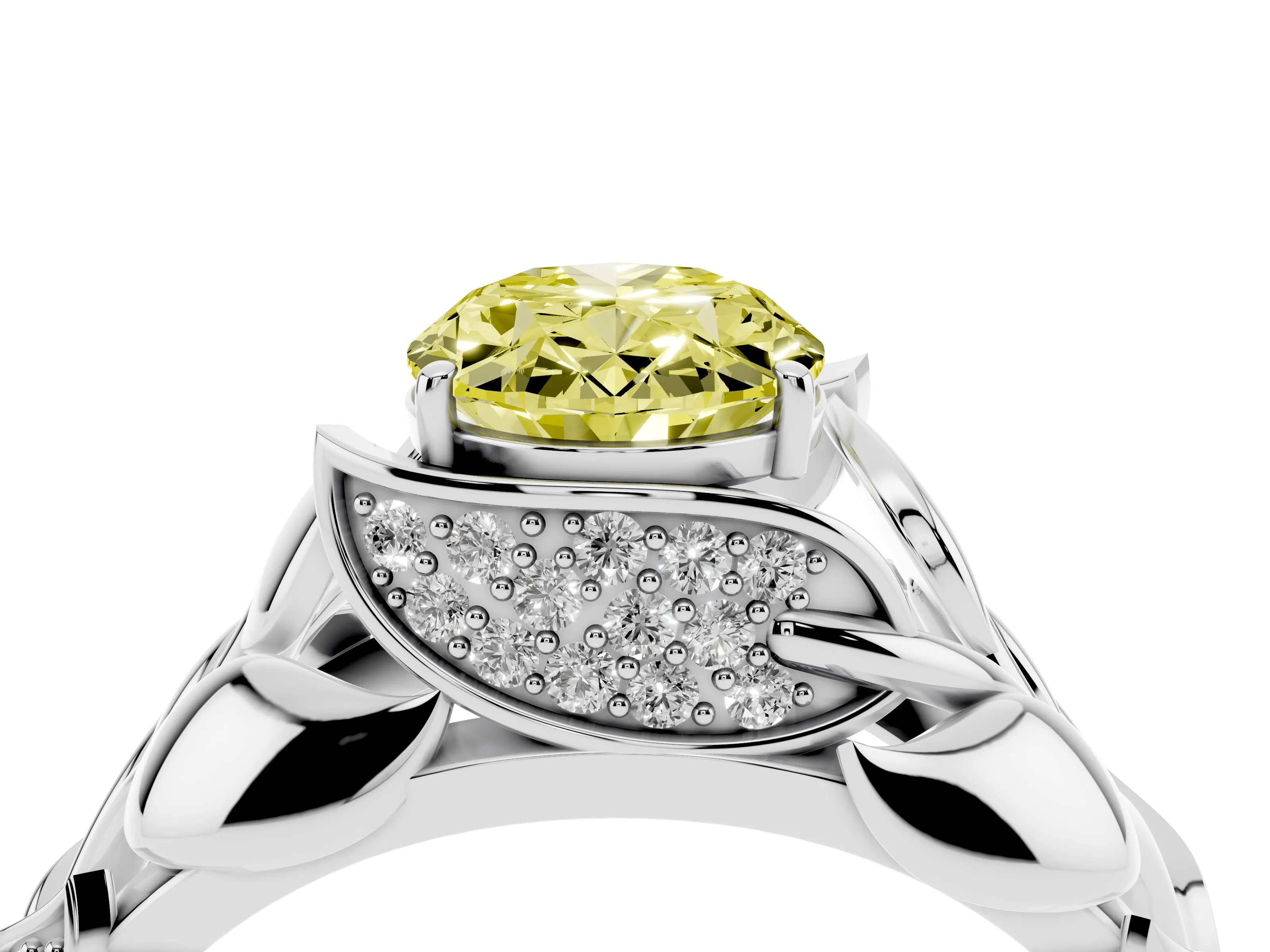 Fancy Yellow Oval Cut Diamond Leaf-Inspired Engagement Ring Set in White gold with Round Accents