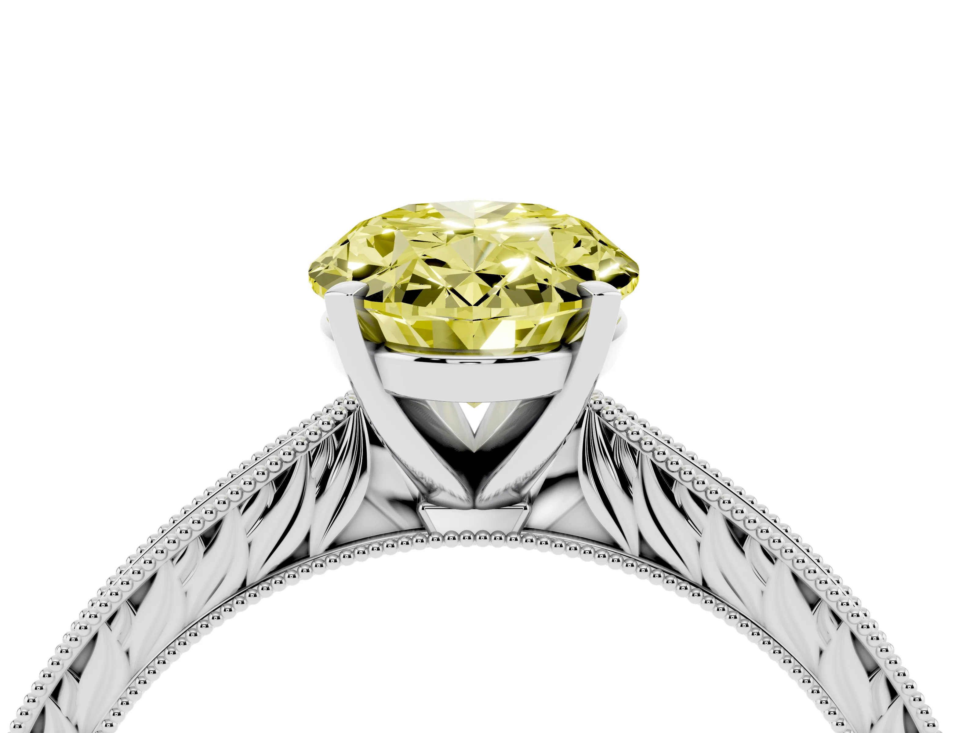 Fancy Yellow Oval Cut Diamond Solitaire Milgrain Engraved Band Set in White gold with Prong Setting